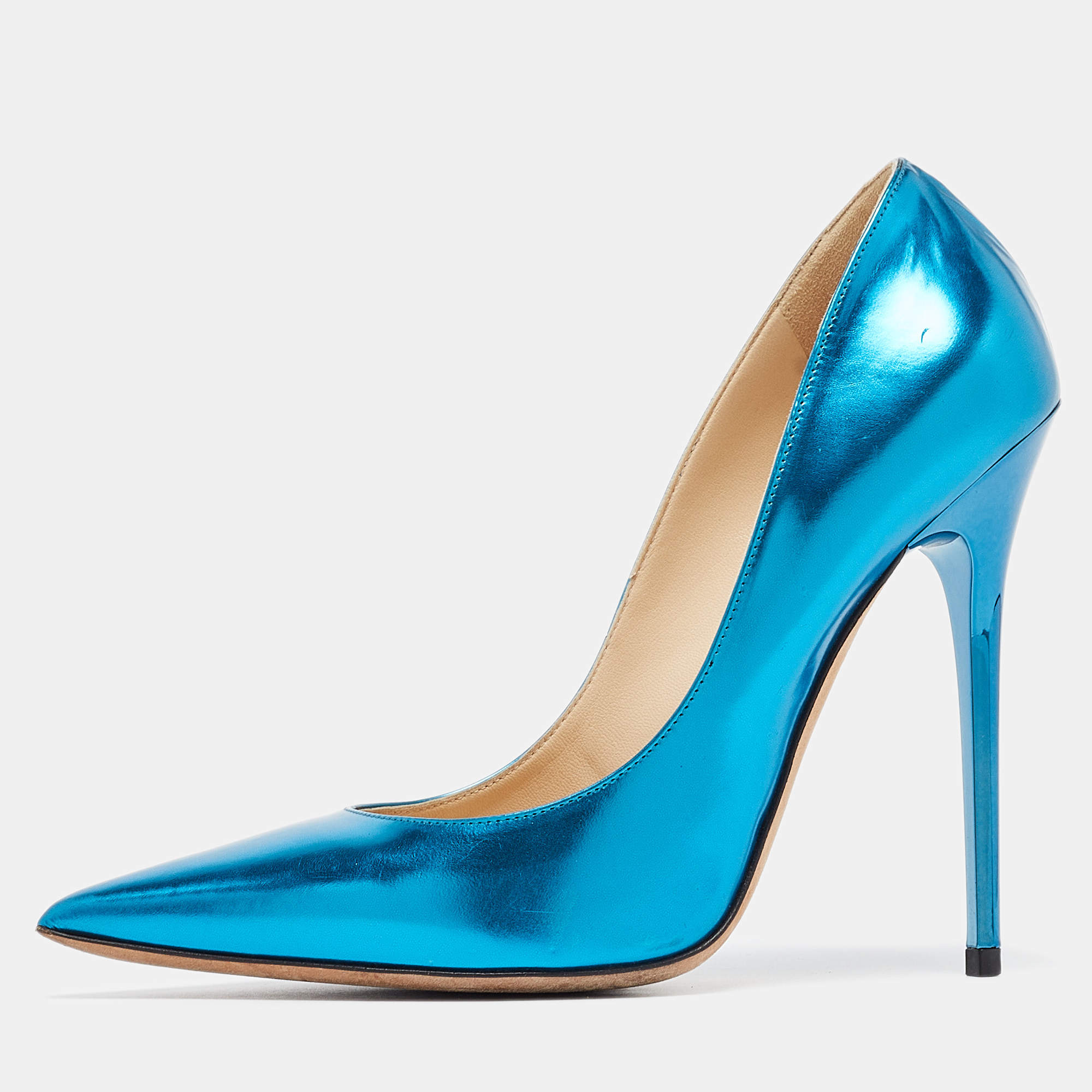 Pre Owned Jimmy Choo Blue Patent Romy Pointed Toe Pumps Size 38