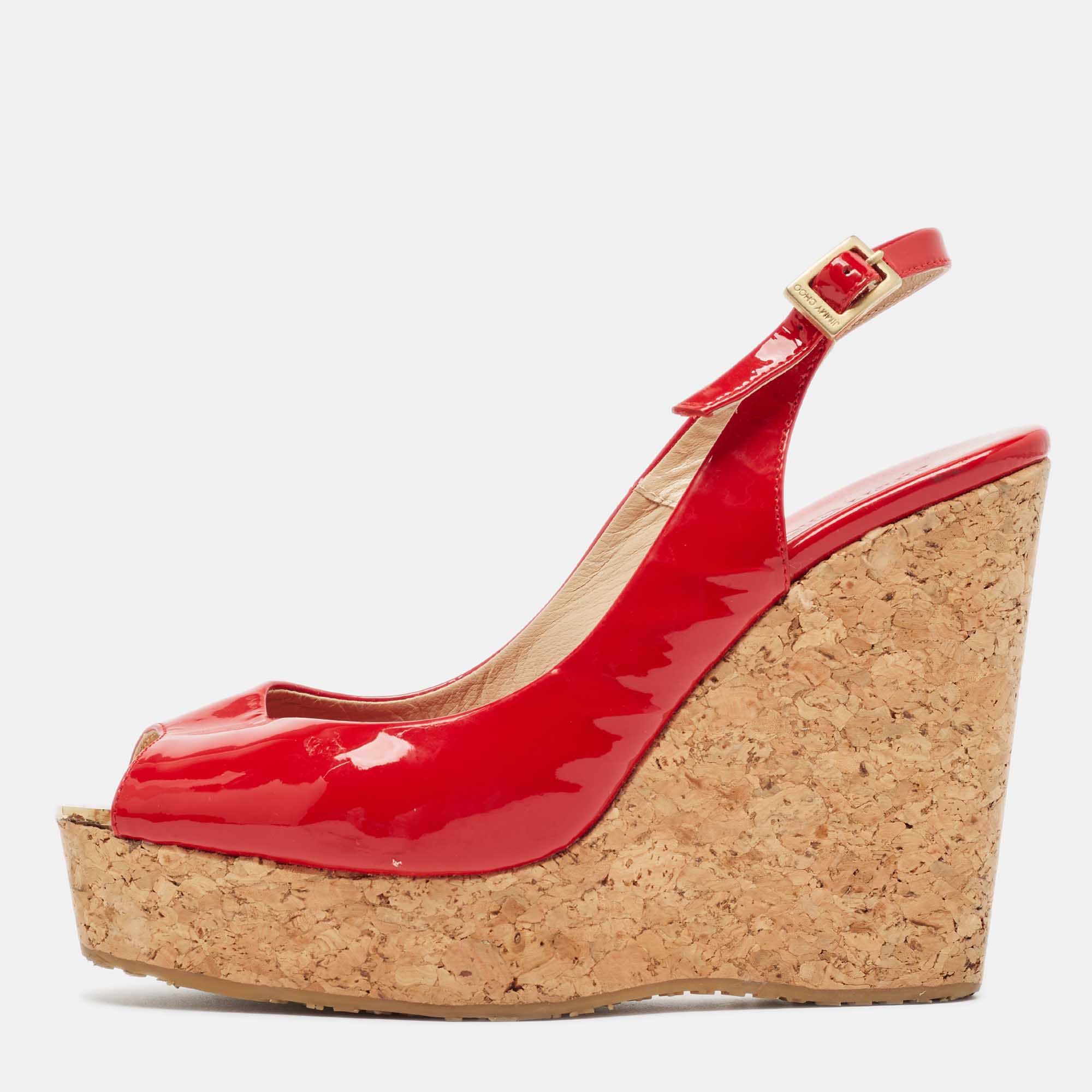 Pre Owned Jimmy Choo Red Patent Leather Prova Wedge Sandals Size 38