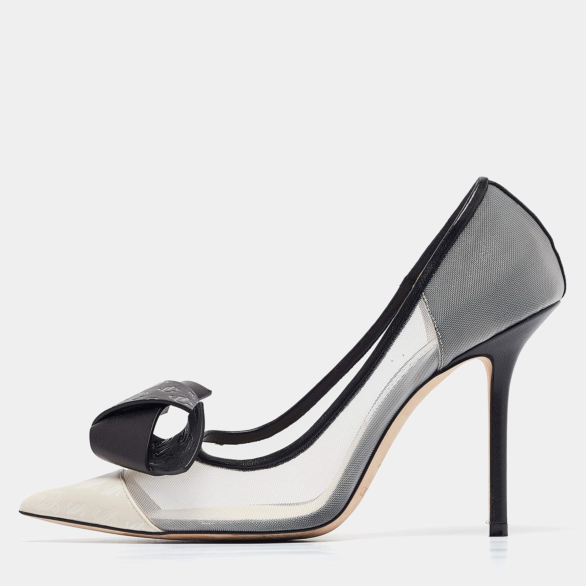 Pre Owned Jimmy Choo Black/Grey Mesh and Leather Bow Pointed Toe Pumps Size 39.5
