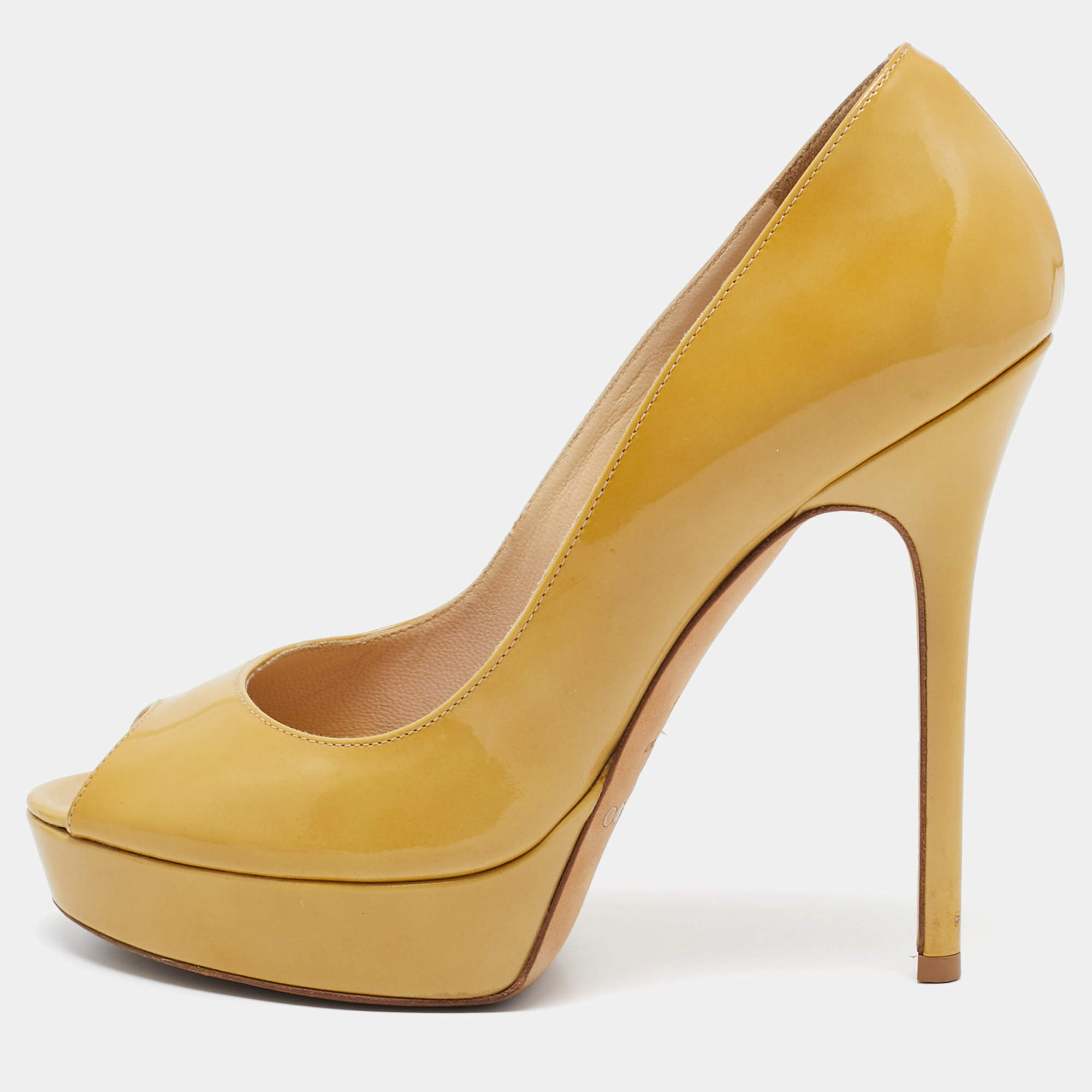 Jimmy Choo Yellow Patent Leather Crown Platform Peep Toe Pumps Size 37.5