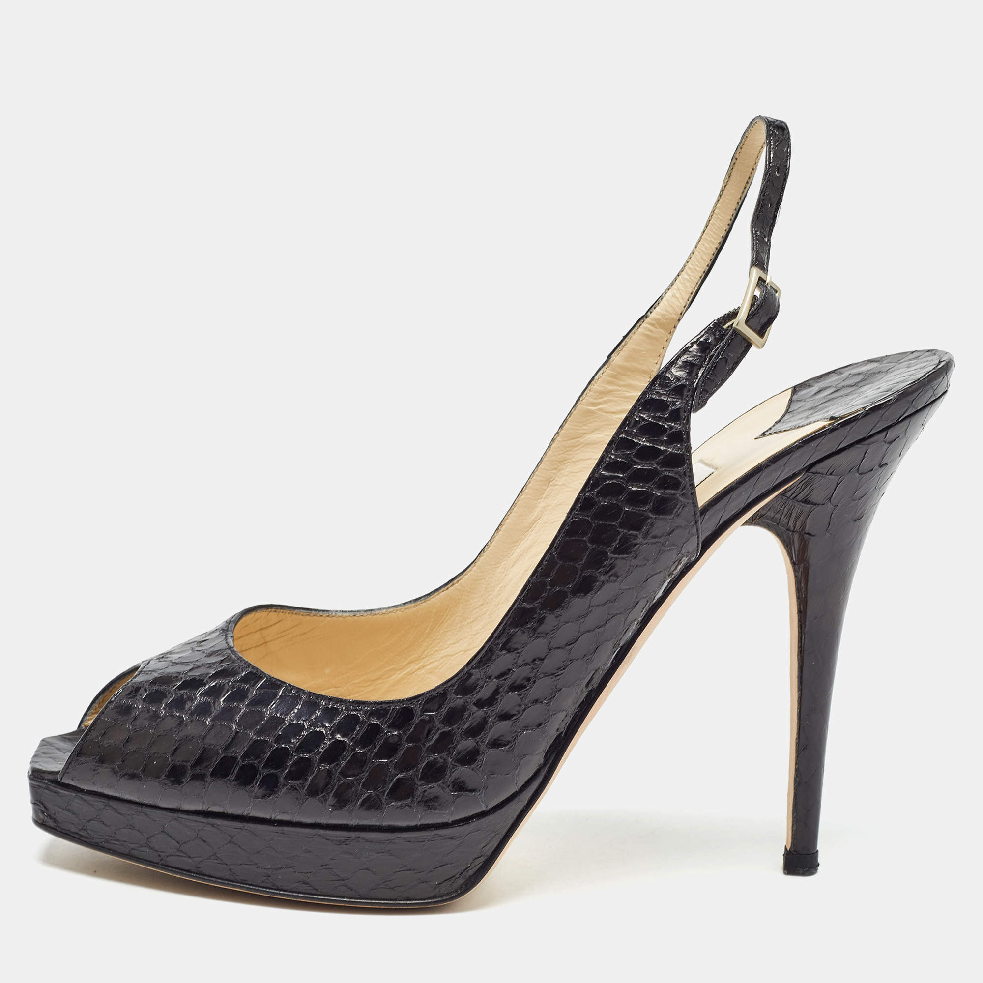 Jimmy Choo Black Embossed Python Clue Sandals Size 39.5