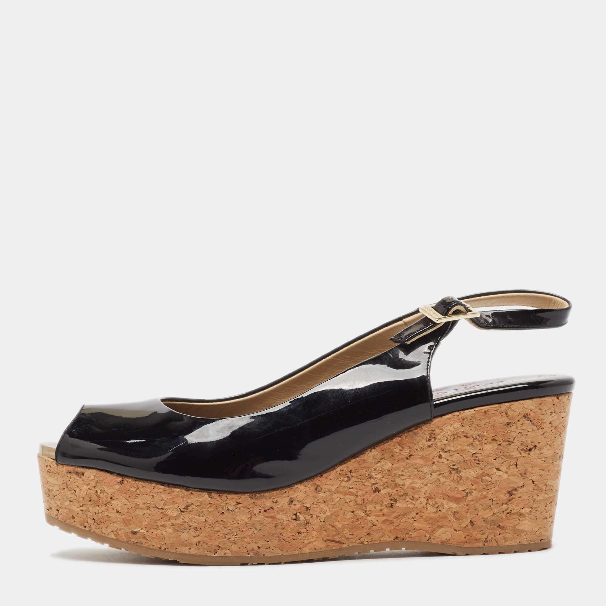 Pre Owned Jimmy Choo Black Patent Leather Prova Wedge Sandals Size 38