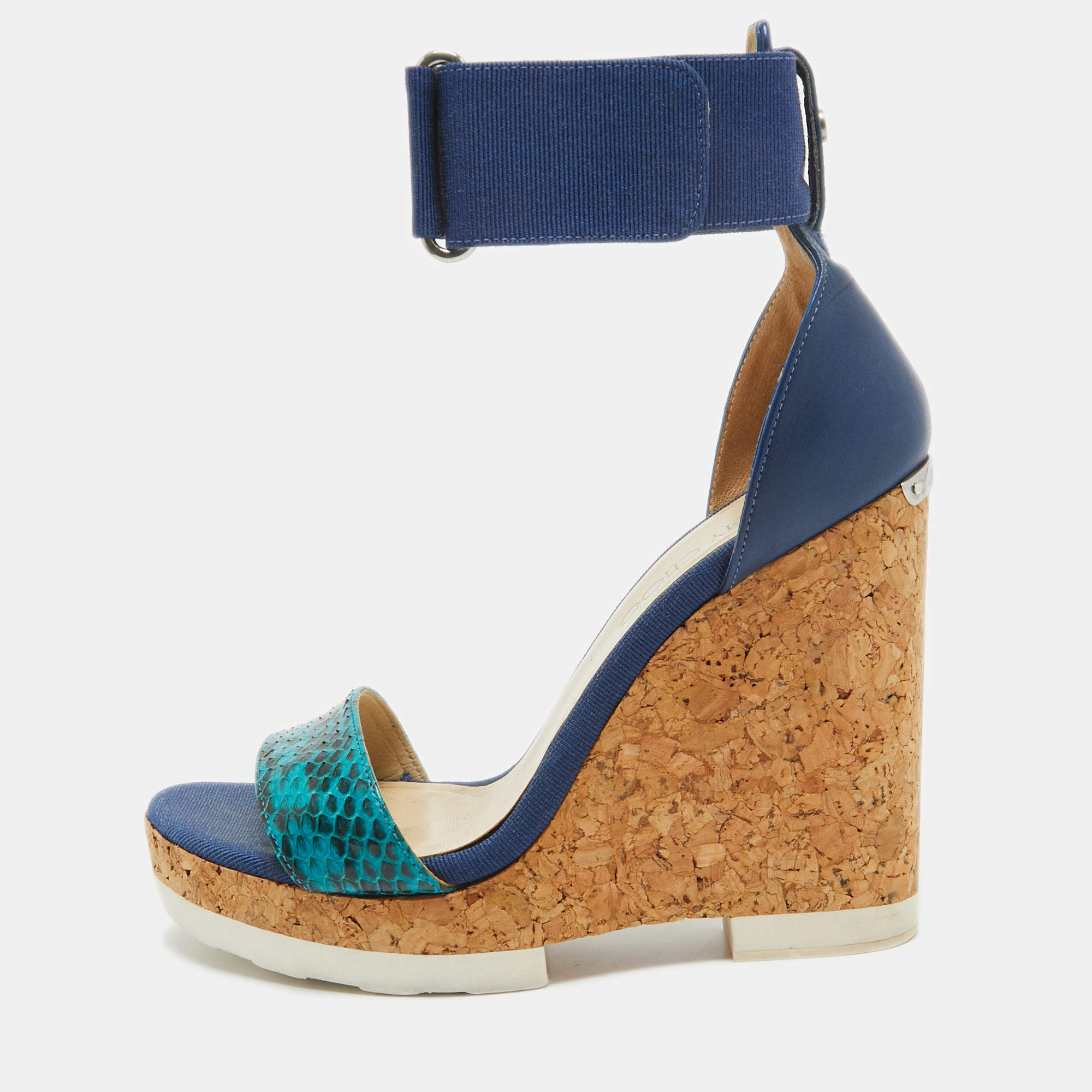 Jimmy Choo Blue Python and Leather Neston Platform Wedge Sandals Size 38