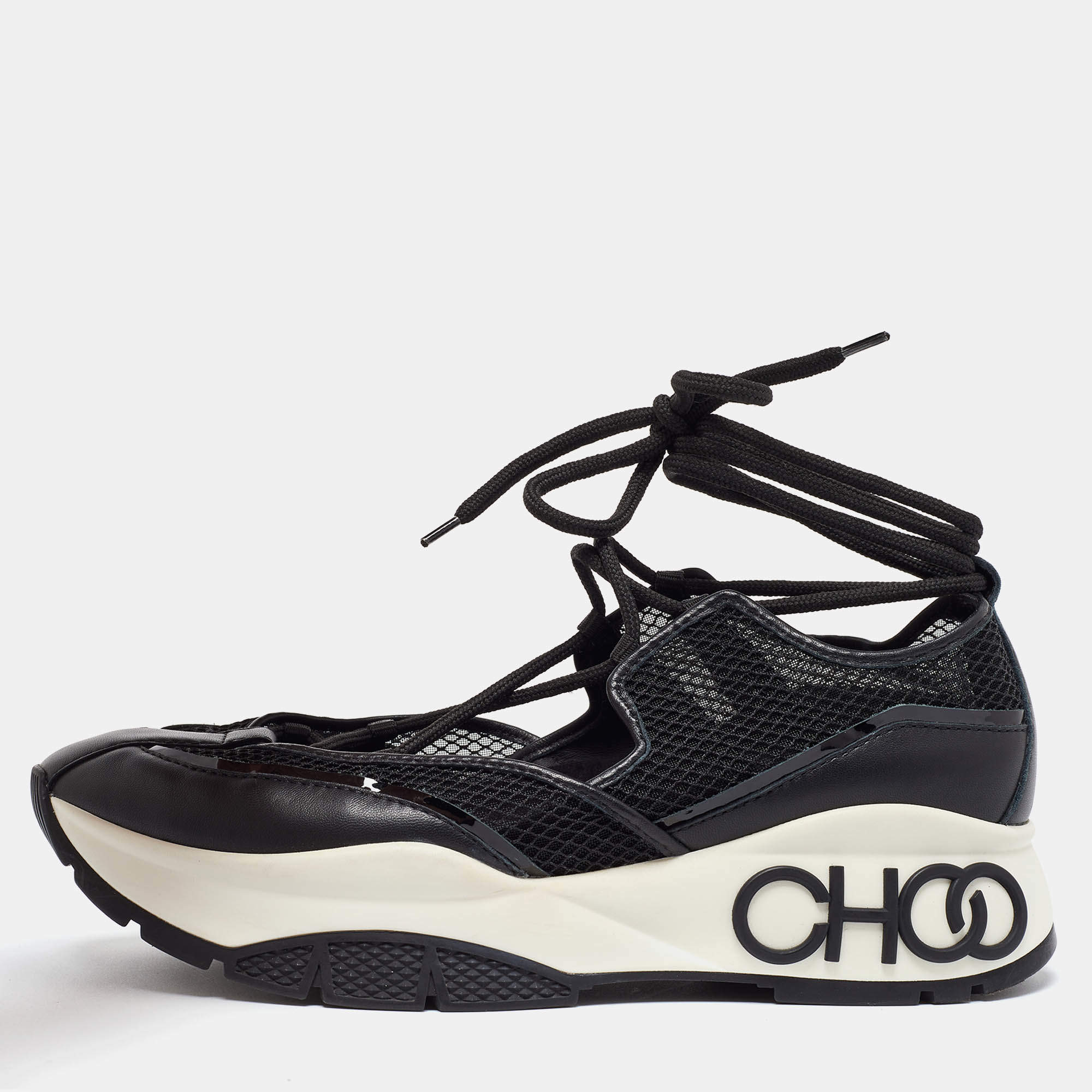 Pre Owned Jimmy Choo Black Leather and Mesh Sneakers Size 41