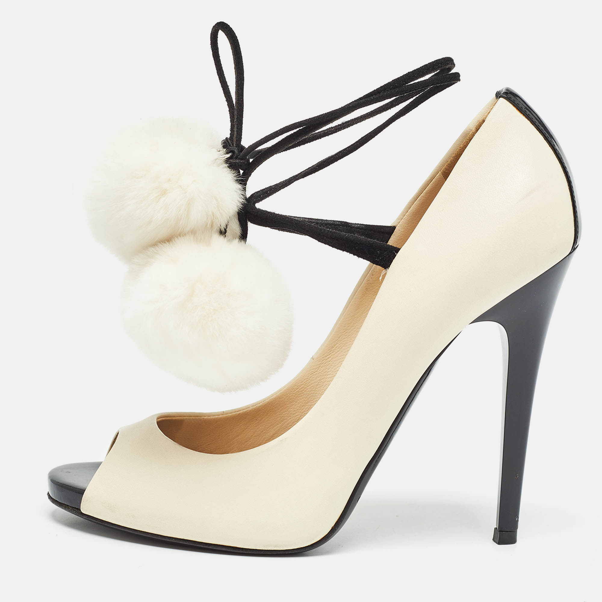Jimmy Choo White/Black Fur and Leather Open Toe Pumps Size 38