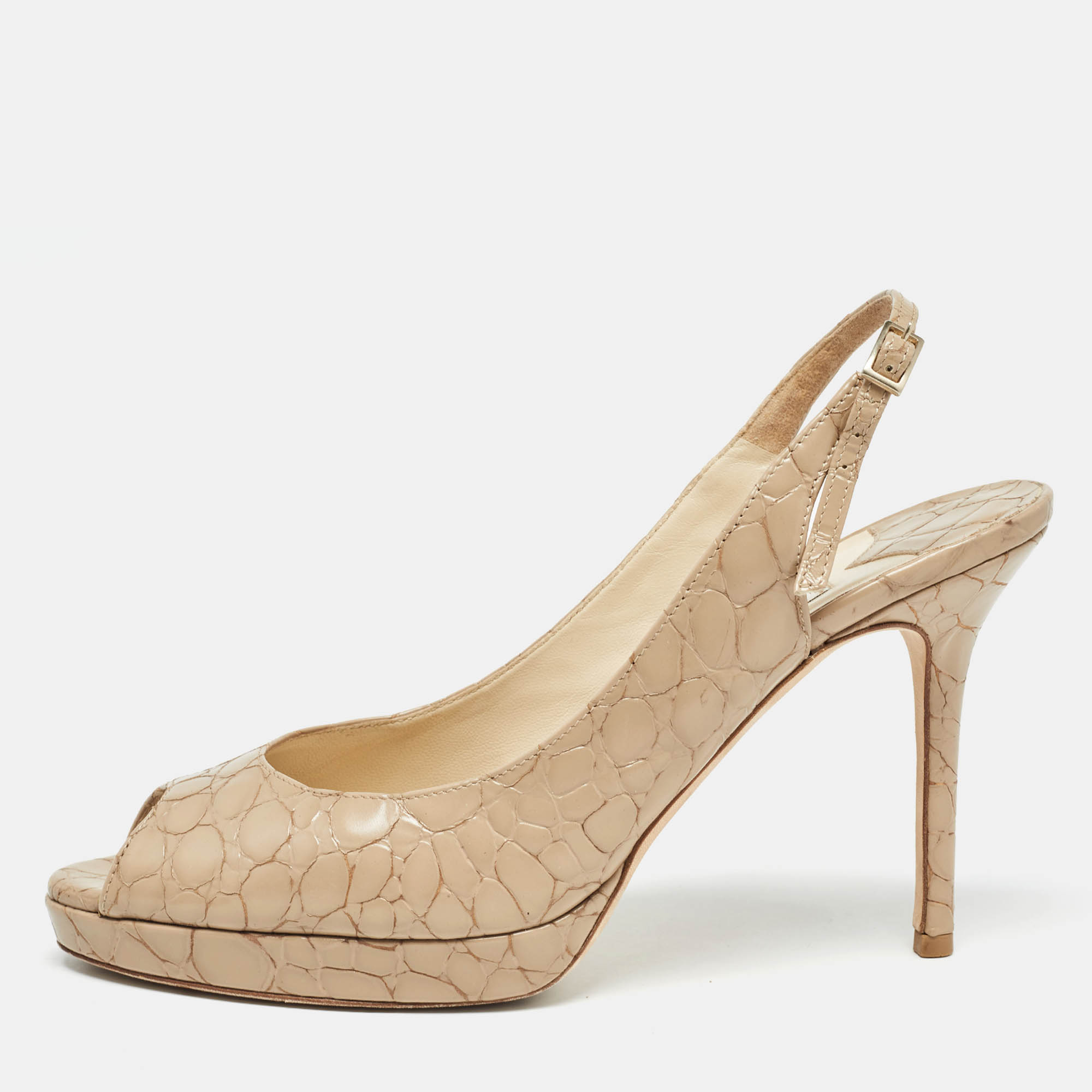 مملوكة مسبقًا Jimmy Choo Beige Croc Embossed Leather Peep Toe Platform Slingback Sandals Size 39