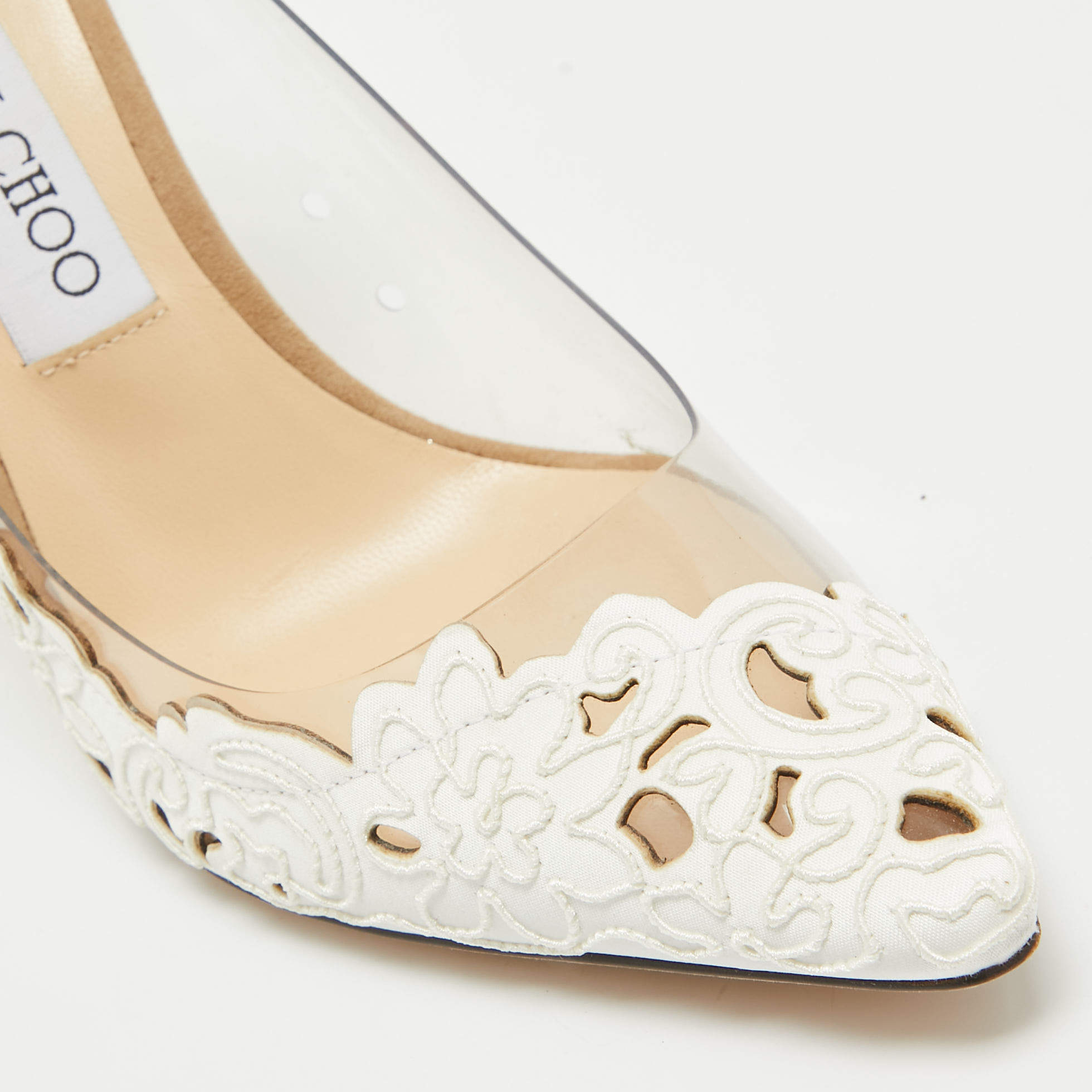 Pre Owned Jimmy Choo White Laser Cut Fabric and PVC Romy Pumps Size 37.5