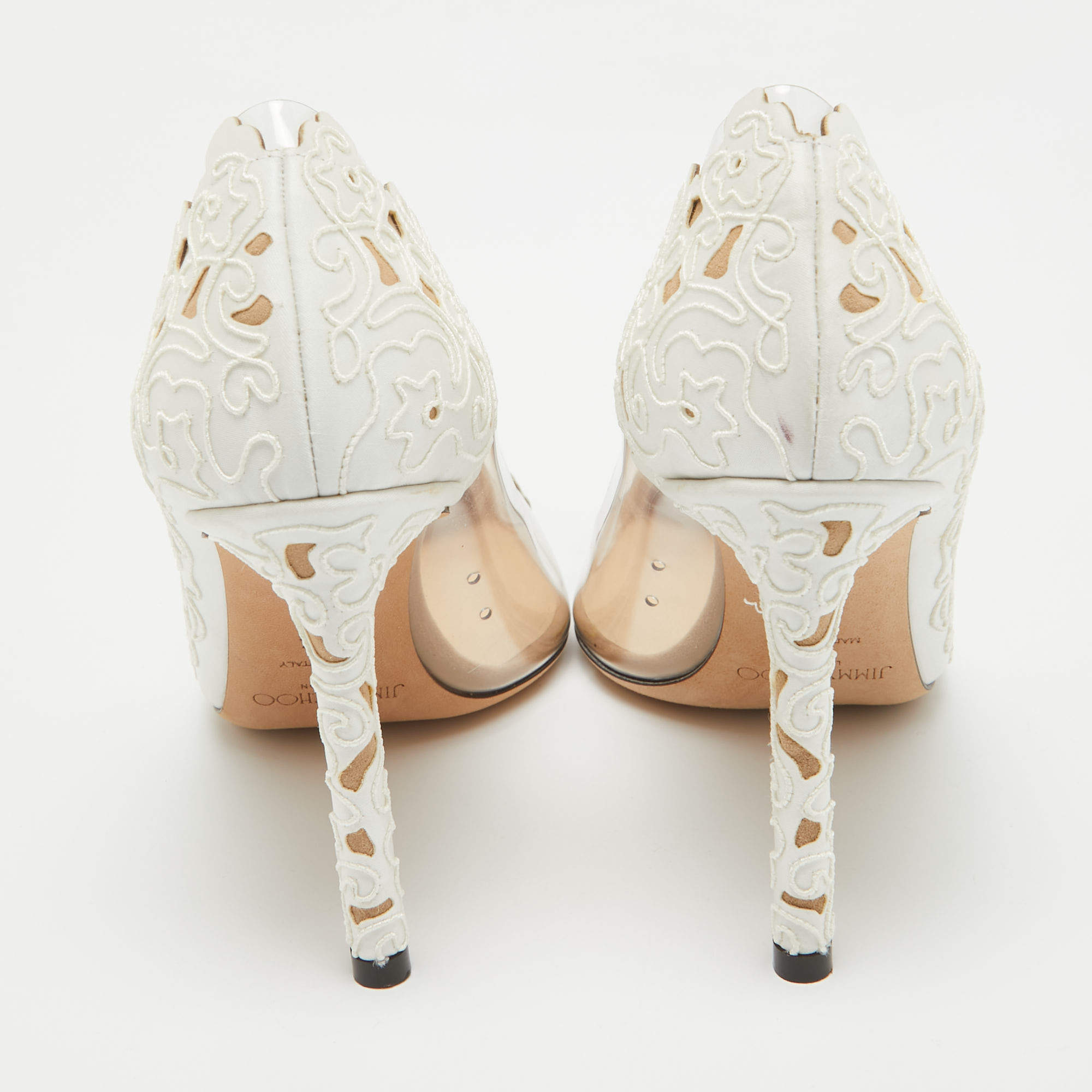 Pre Owned Jimmy Choo White Laser Cut Fabric and PVC Romy Pumps Size 37.5