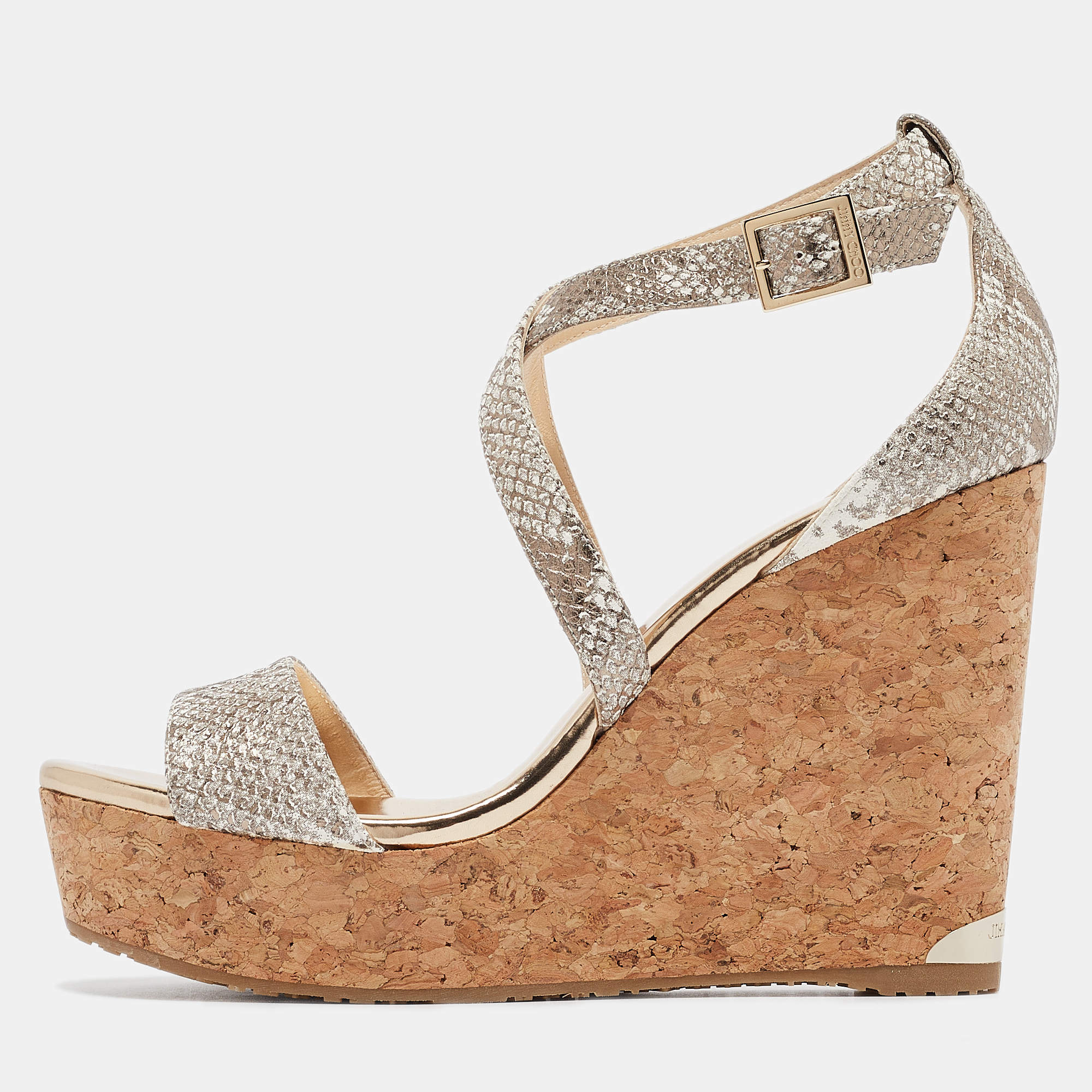 Jimmy Choo Gold Snakeskin Embossed Leather Portia Wedge Sandals Size 40.5