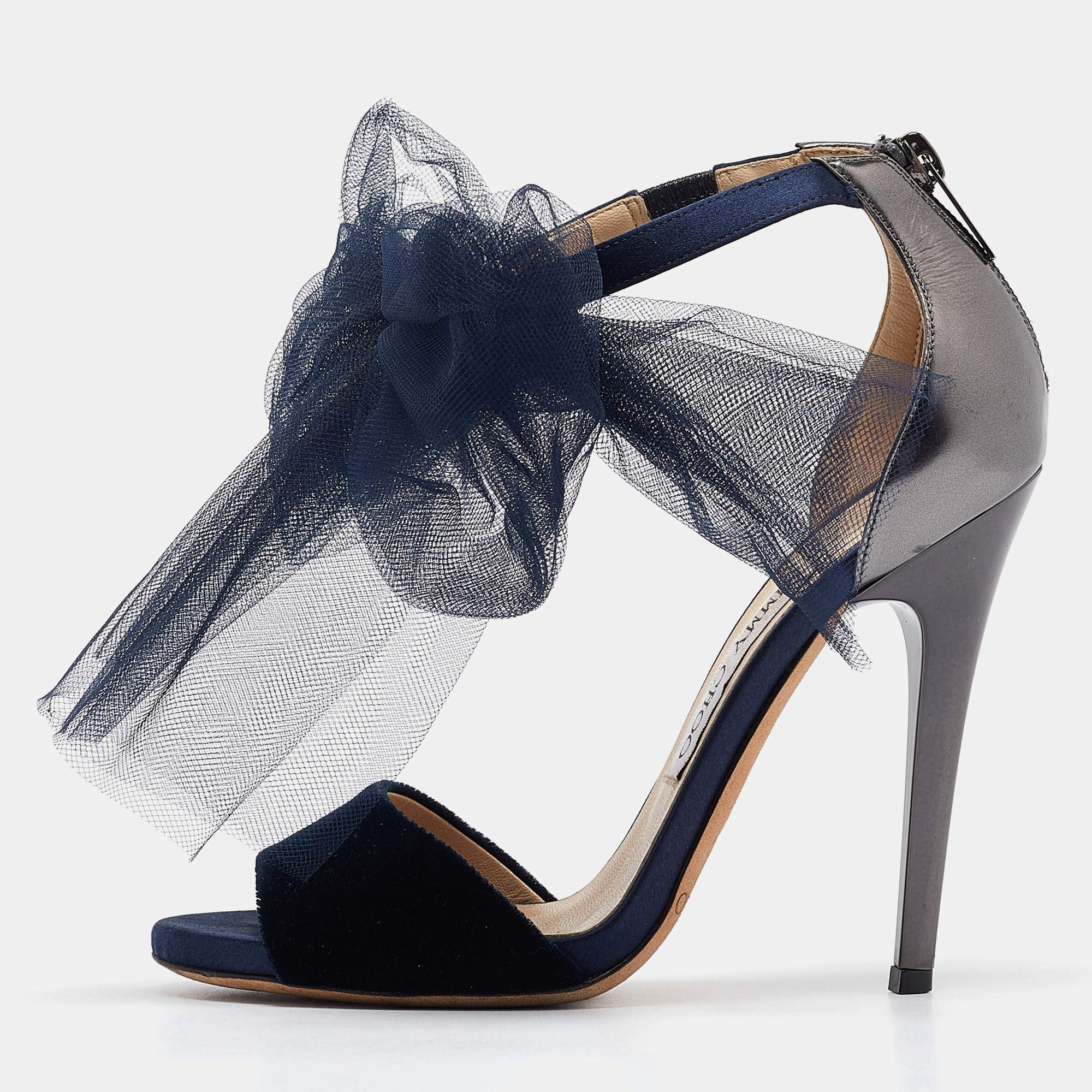 Pre Owned Jimmy Choo Navy Blue/Grey Velvet and Leather Lilyth Sandals Size 36