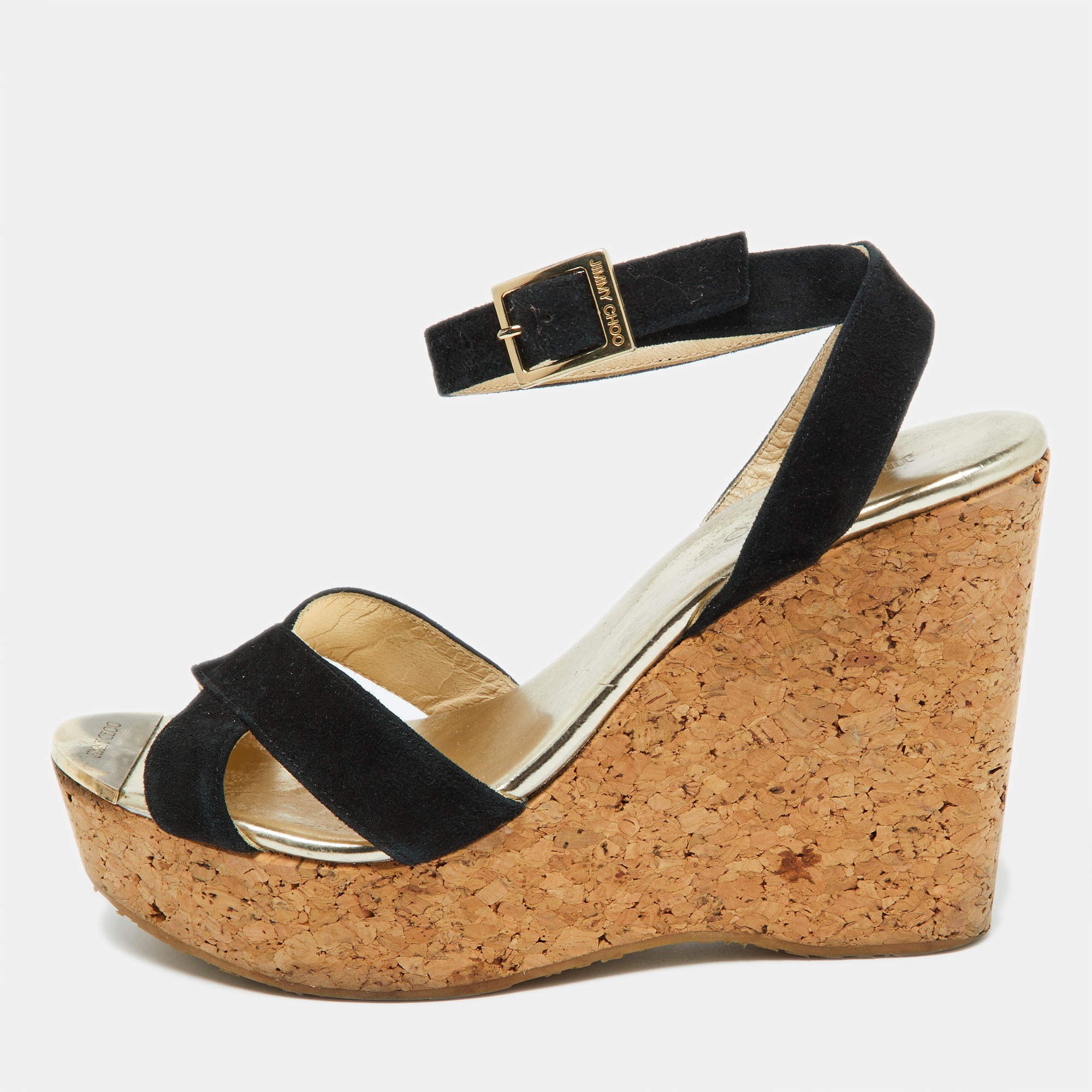 مملوكة مسبقًا Jimmy Choo Black Suede Cork Wedge Ankle Strap Sandals Size 38