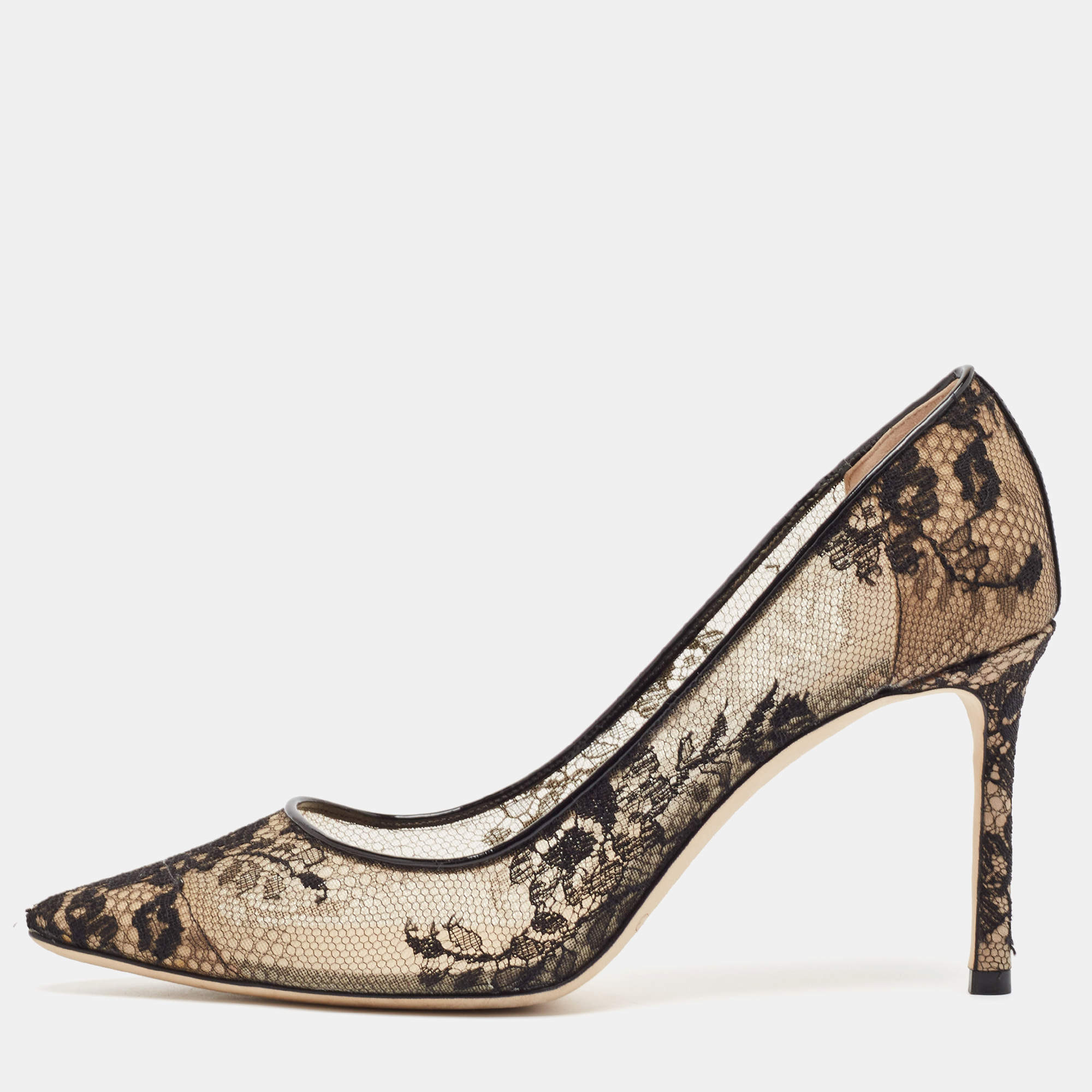 Jimmy Choo Black Lace and Patent Leather Romy Pumps Size 38