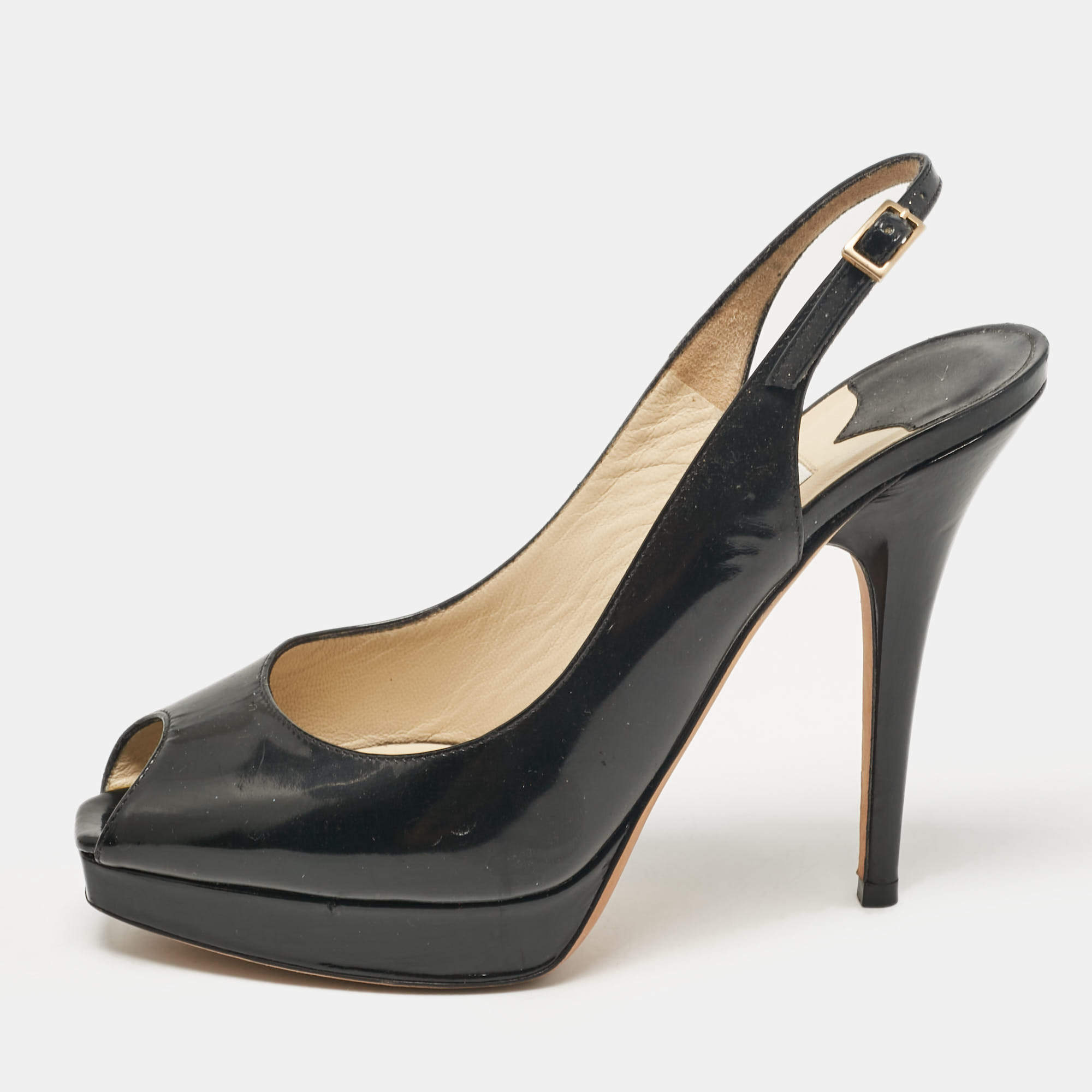 Jimmy Choo Black Patent Leather Nova Peep Toe Pumps Size 36.5