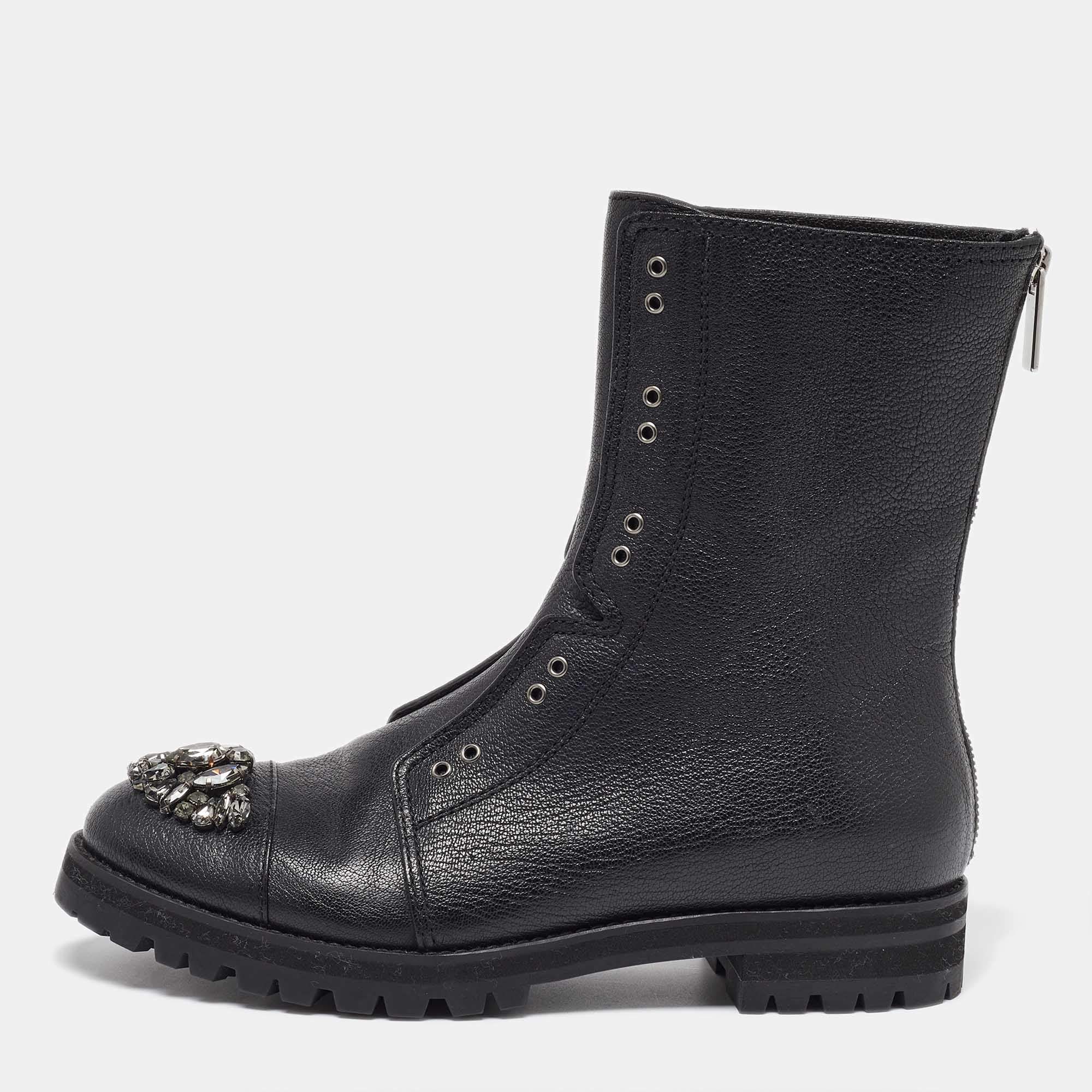 Pre Owned حذاء بوت كومبات جيمي تشو كروز جلد أسود مزخرف كريستال مقاس 38