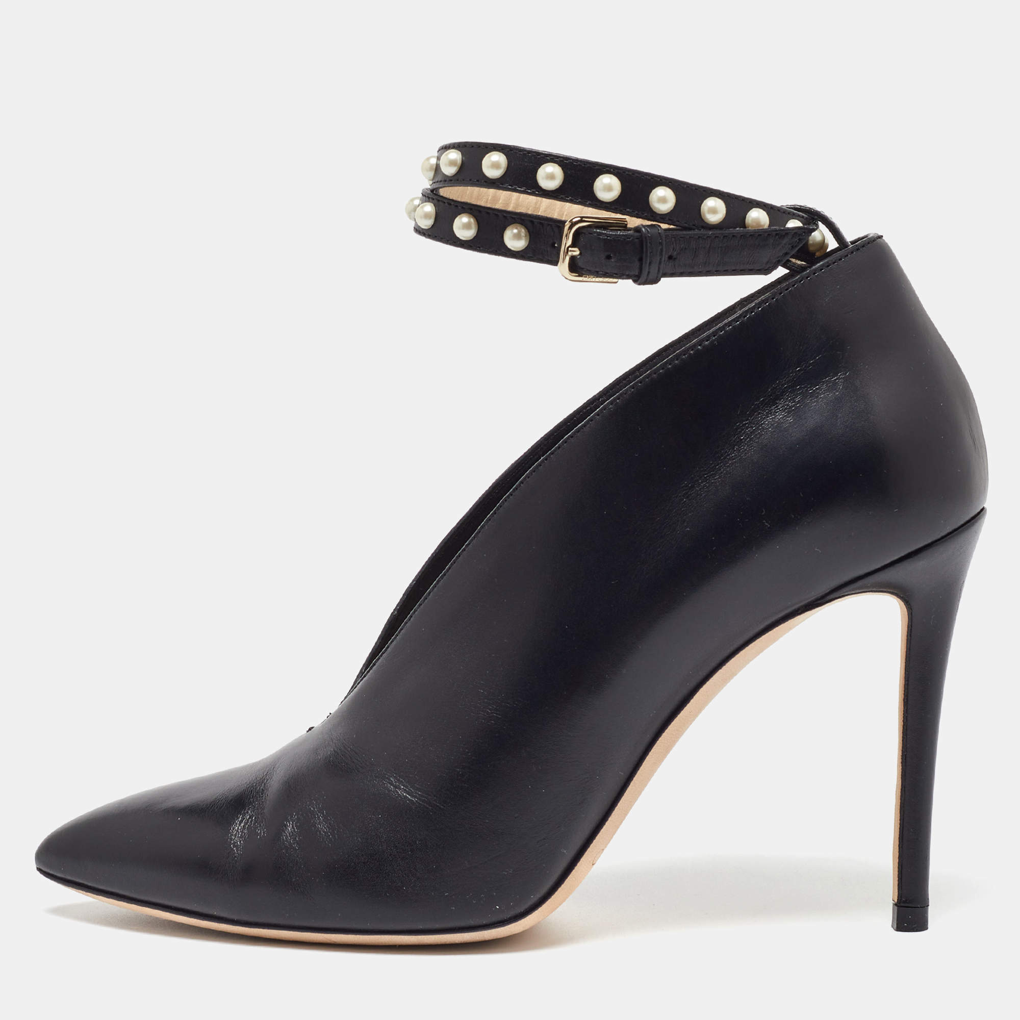 Pre Owned Jimmy Choo Black Leather Lark 100 Booties Size 37.5