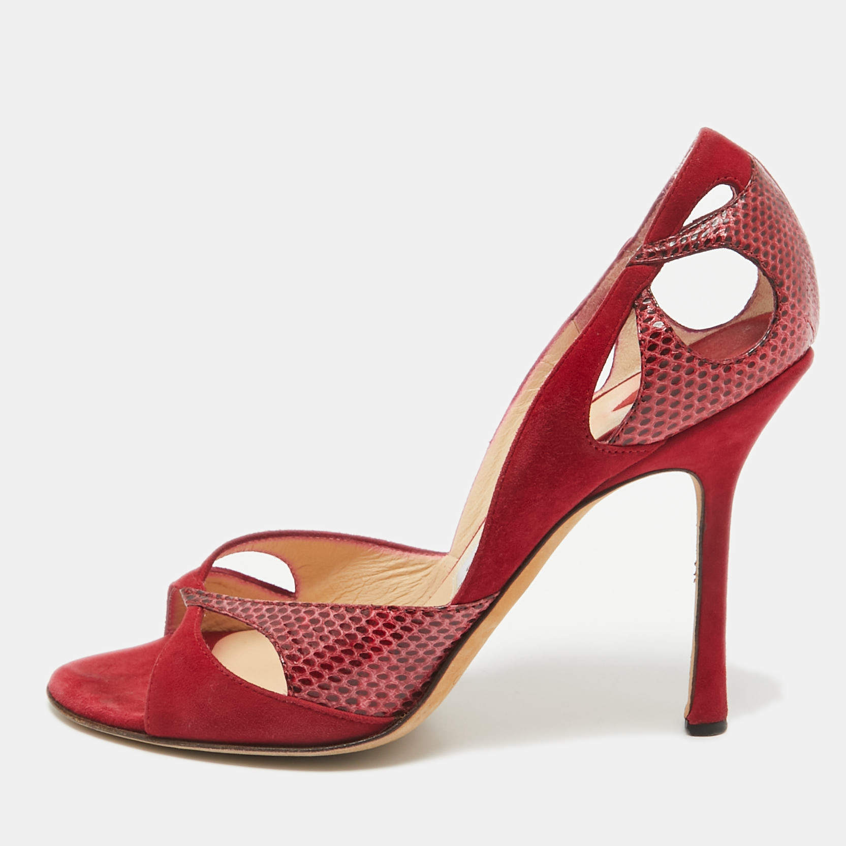 Pre Owned Jimmy Choo Red Suede and Watersnake Cut Out Open Toe Pumps Size 39.5
