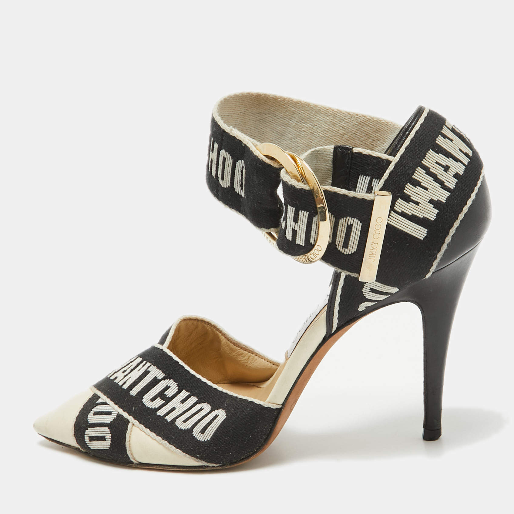 Jimmy Choo White/Black Leather and Canvas Buckle Pumps Size 37