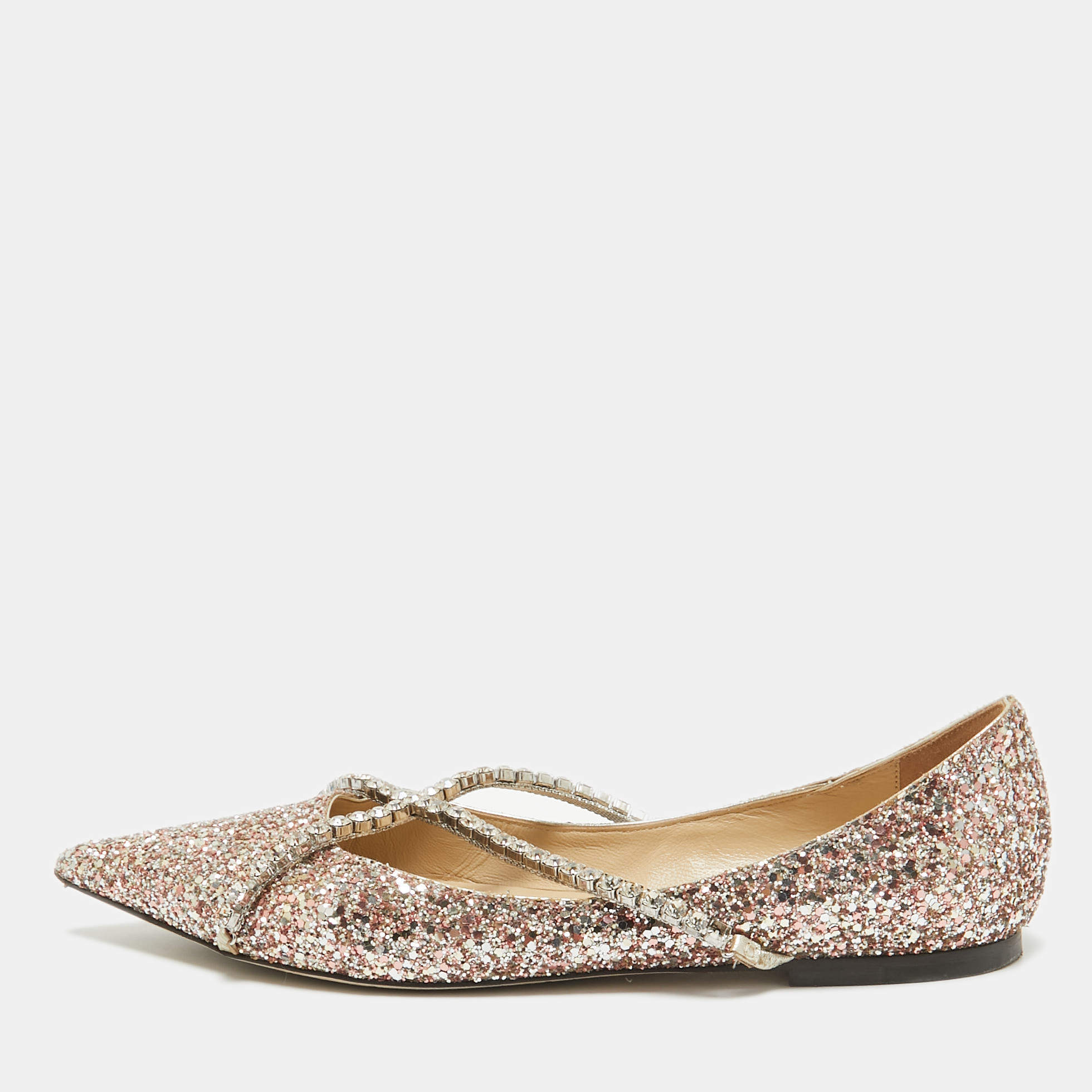 Pre Owned Jimmy Choo Metallic Glitter Crystal Embellished Ballet Flats Size 40.5