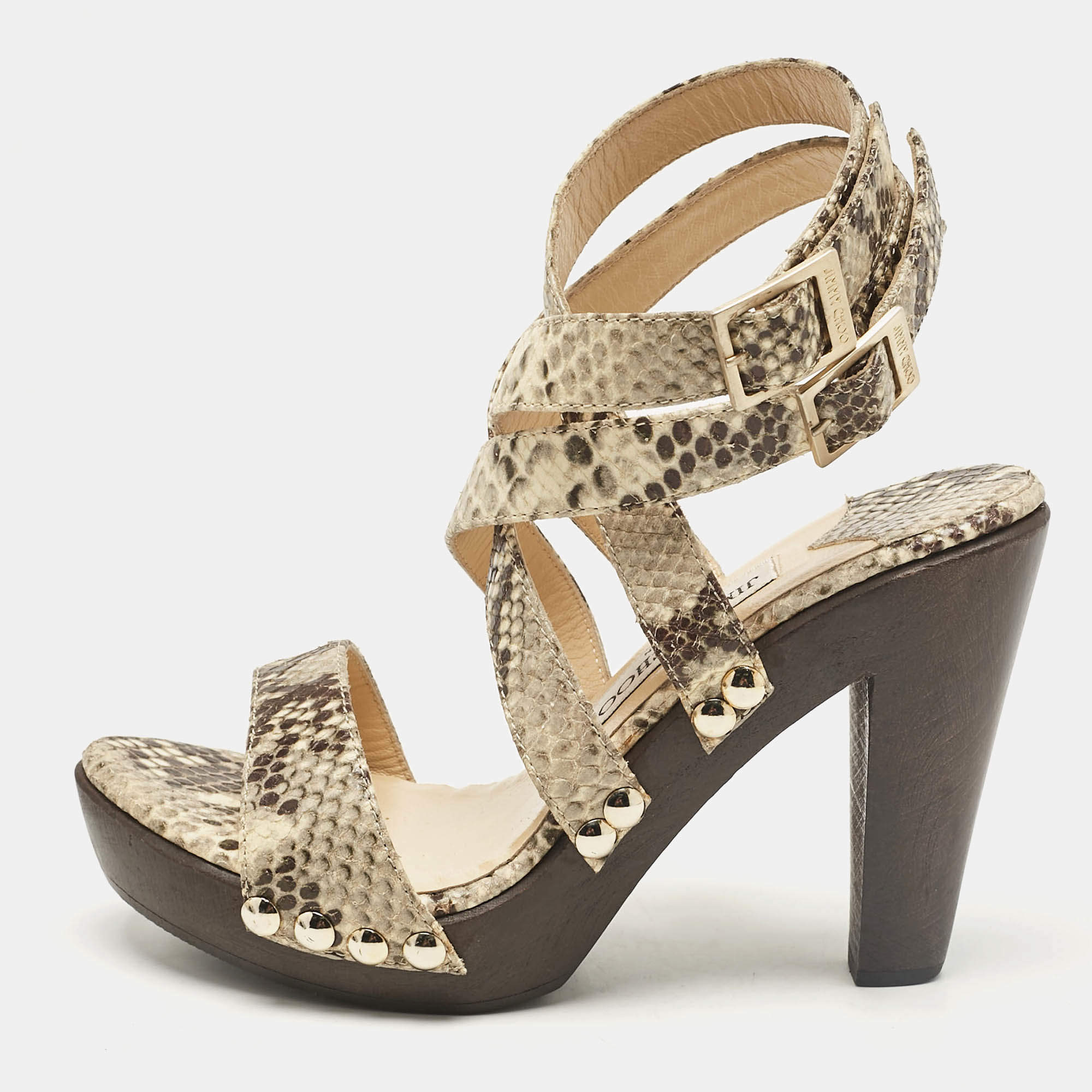 Jimmy Choo Beige Snakeskin Embossed Leather Ankle Strap Sandals Size 37