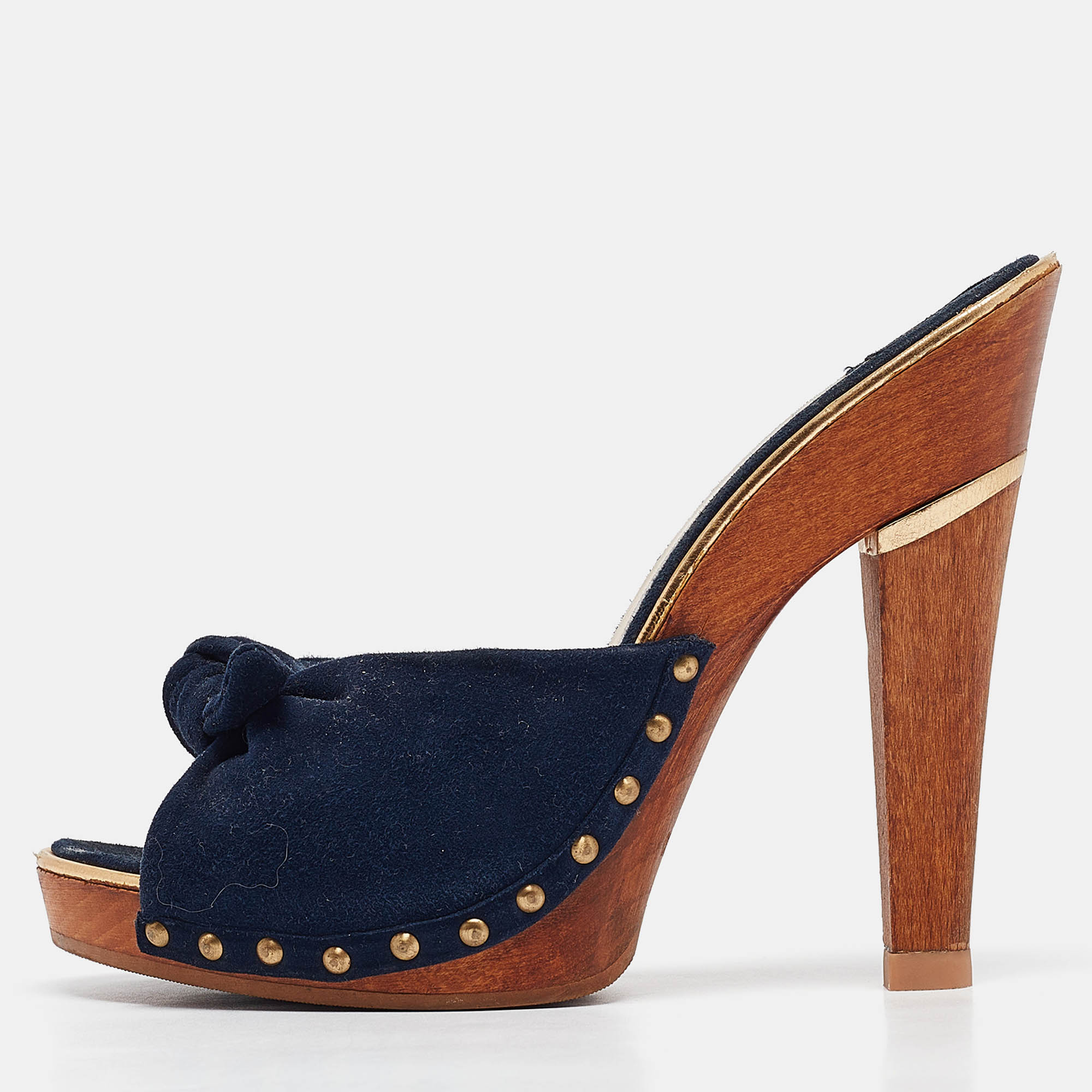Jimmy Choo Navy Blue Suede Bow Platform Slide Sandals Size 36