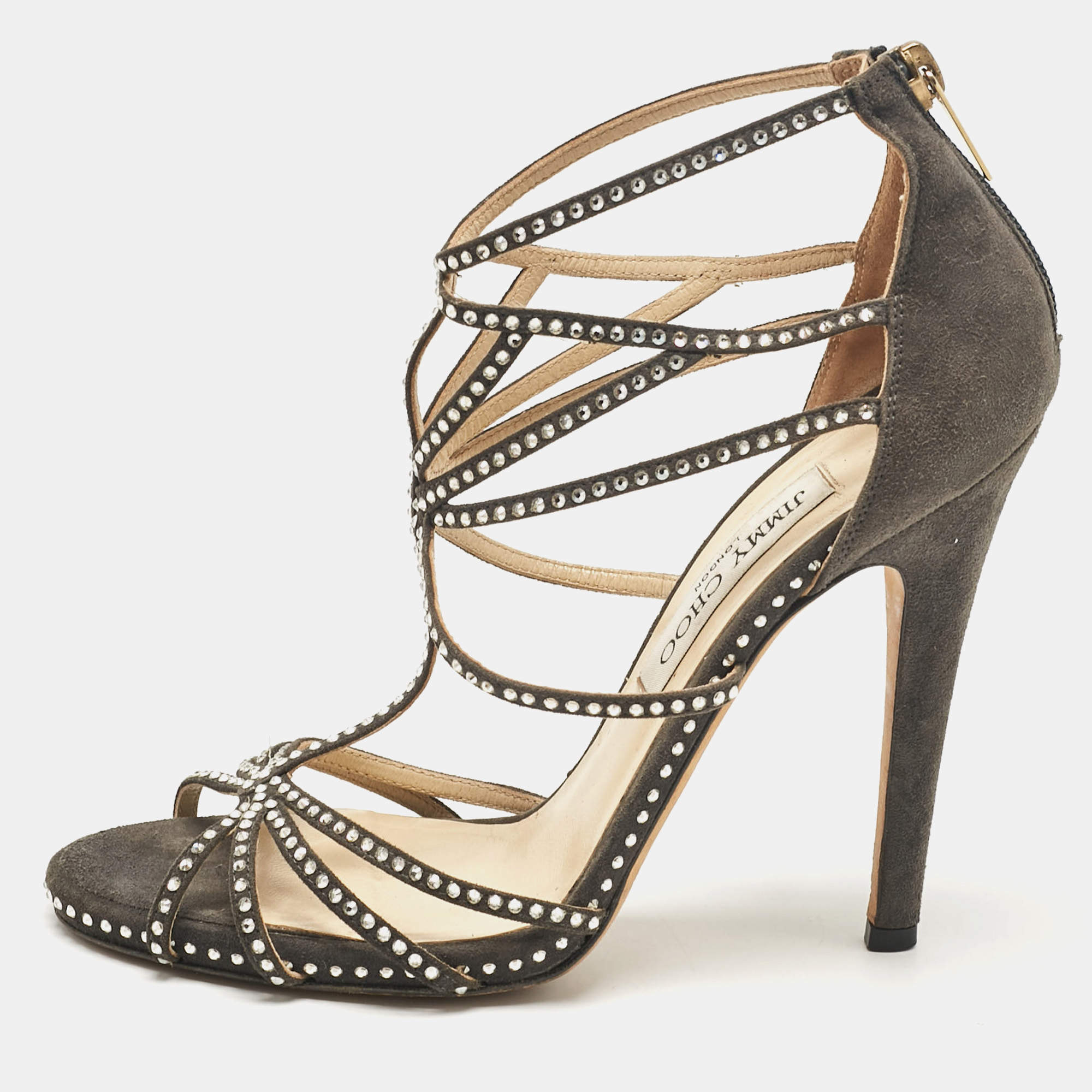 Jimmy Choo Grey Suede Crystal Embellished Strappy Sandals Size 38.5