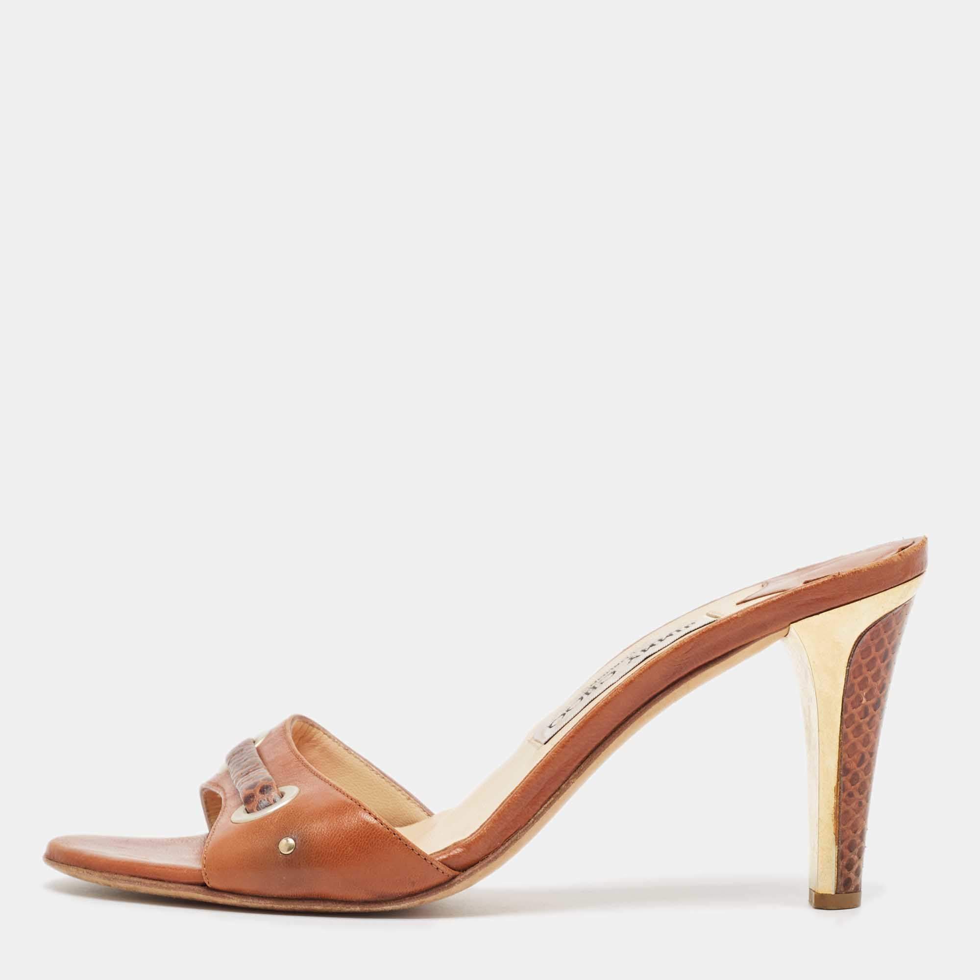 Jimmy Choo Brown Leather and Snakeskin Leather Slide Sandals Size 37.5
