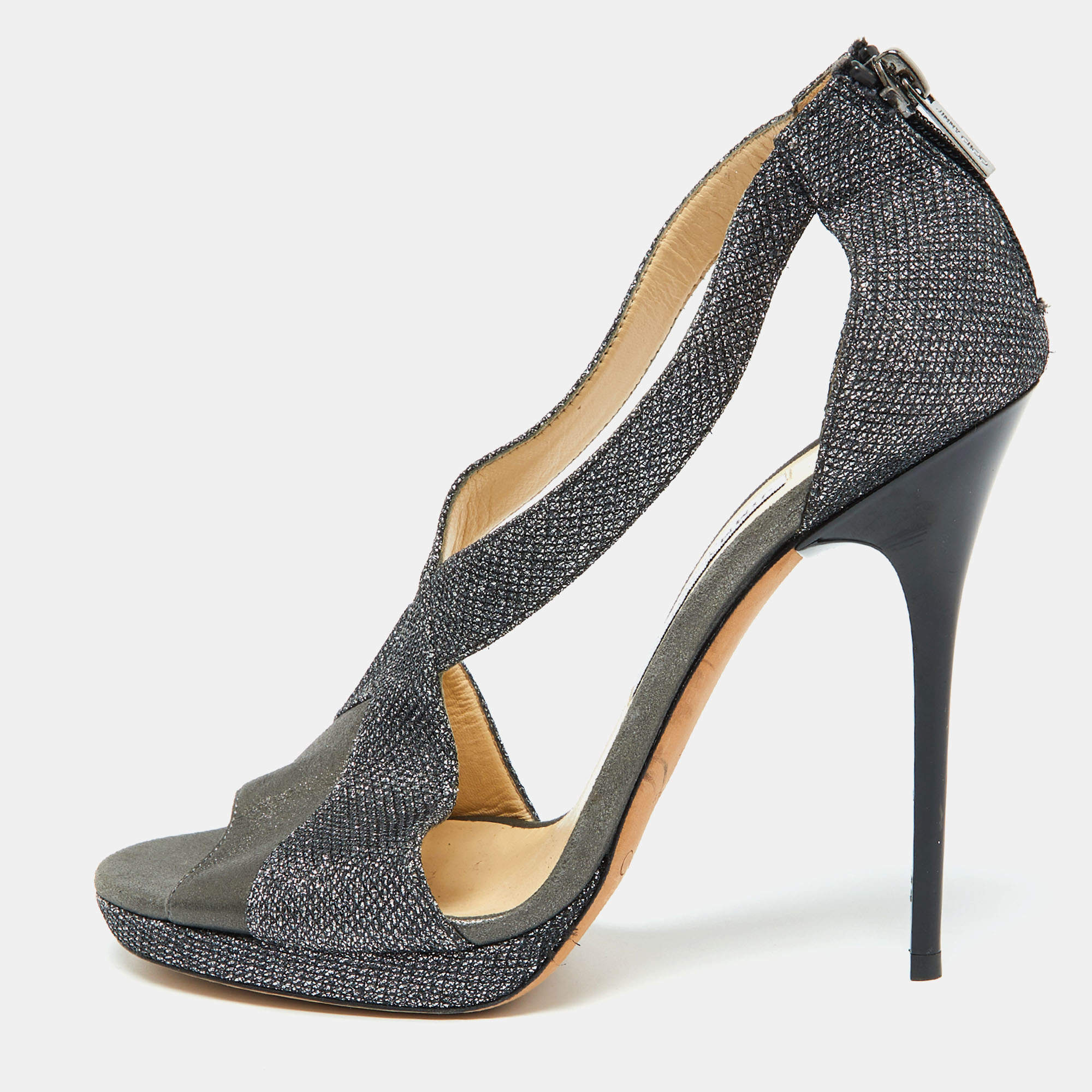 Jimmy Choo Grey Leather and Coarse Glitter Open Toe Sandals Size 39.5
