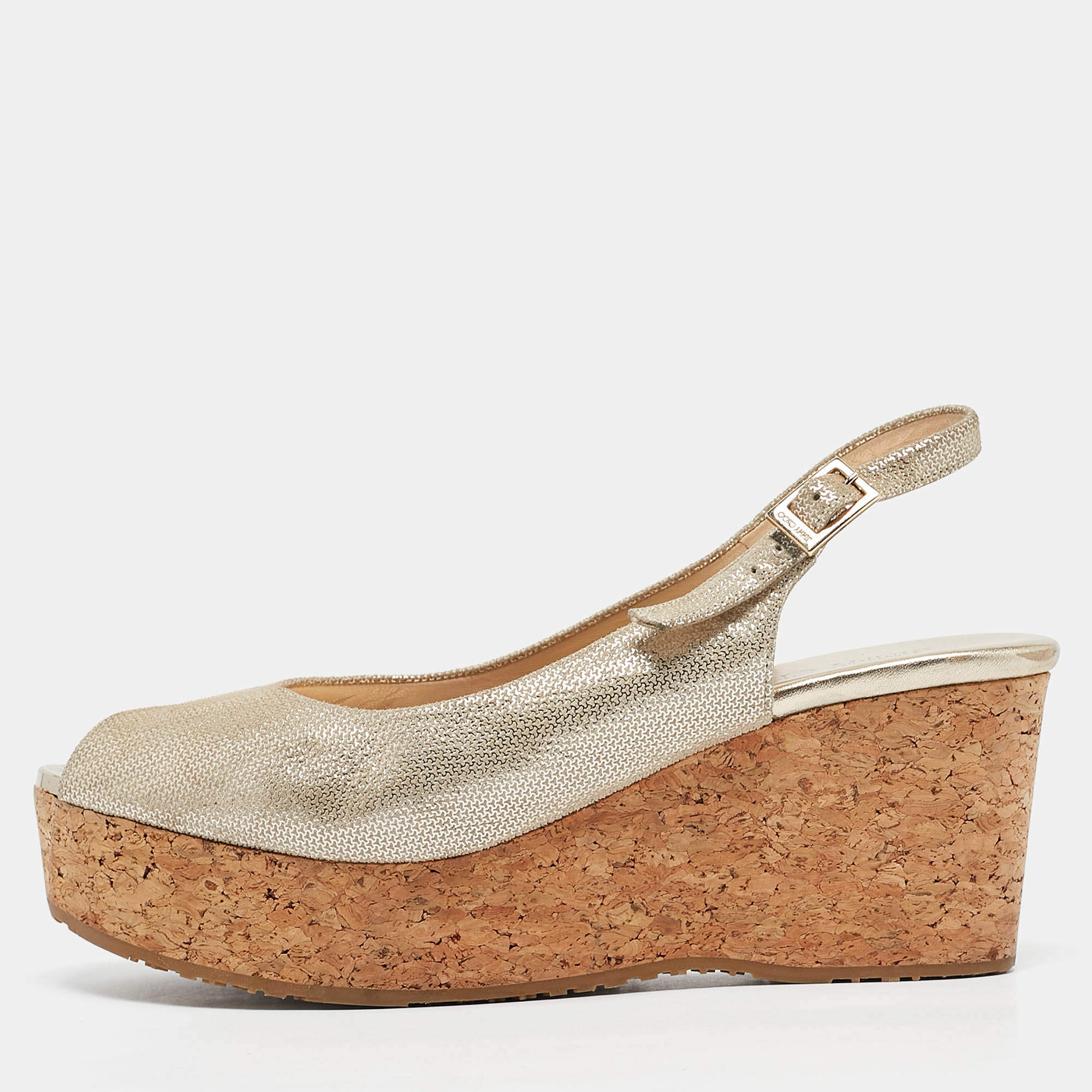 Jimmy Choo Gold Suede Prova Cork Wedge Sandals Size 39.5