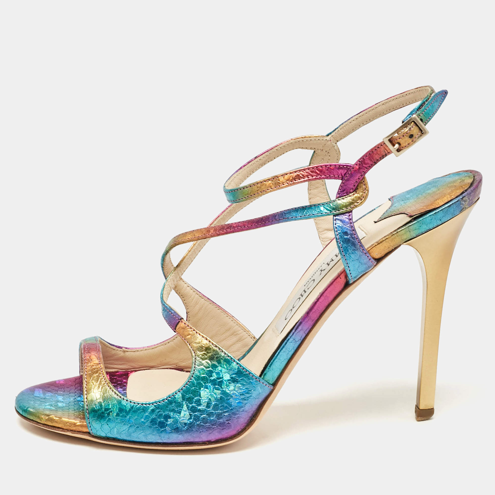 Jimmy Choo Multicolor Embossed Snakeskin Paxton Sandals Size 37.5