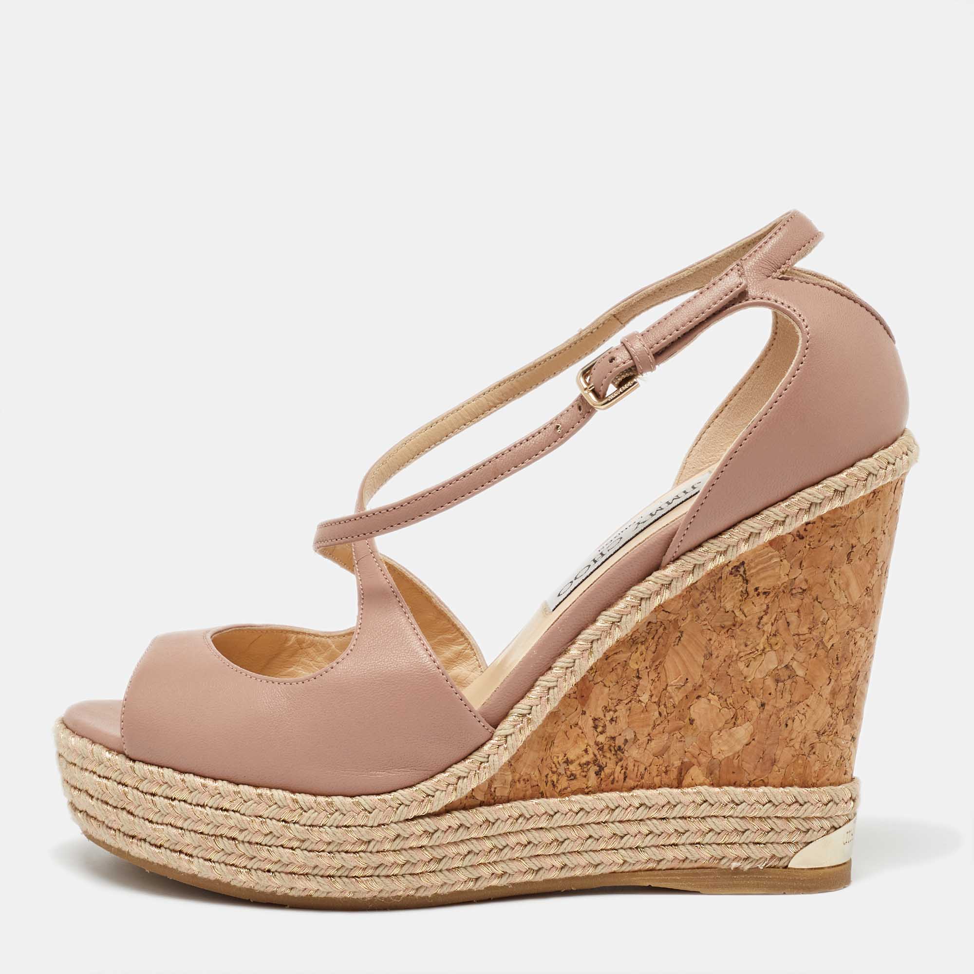 Jimmy Choo Beige Leather Cork Espadrille Wedge Sandals Size 38