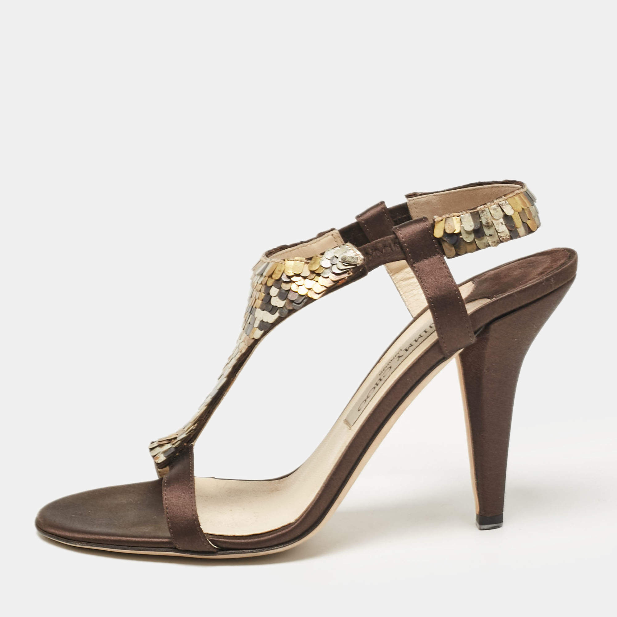 Jimmy Choo Dark Brown/Beige Satin Sequins Embellished T-Strap Sandals Size 38.5