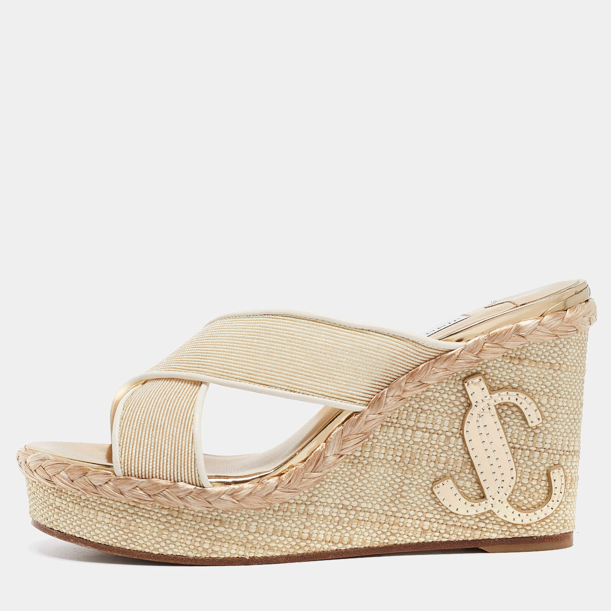 Jimmy Choo Beige Canvas Dovina Wedge Sandals Size 38