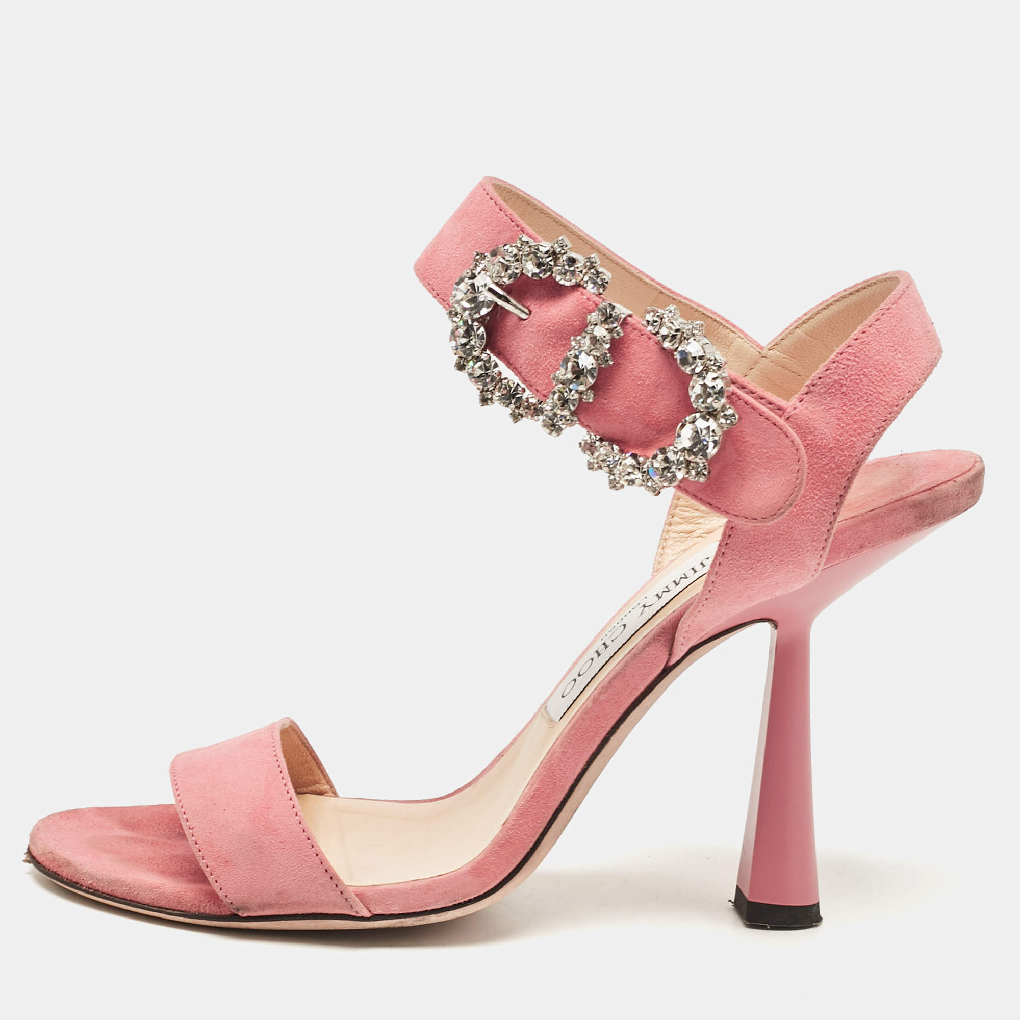 مملوكة مسبقًا Jimmy Choo Pink Suede Crystal Embellished Ankle Strap Sandals Size 39