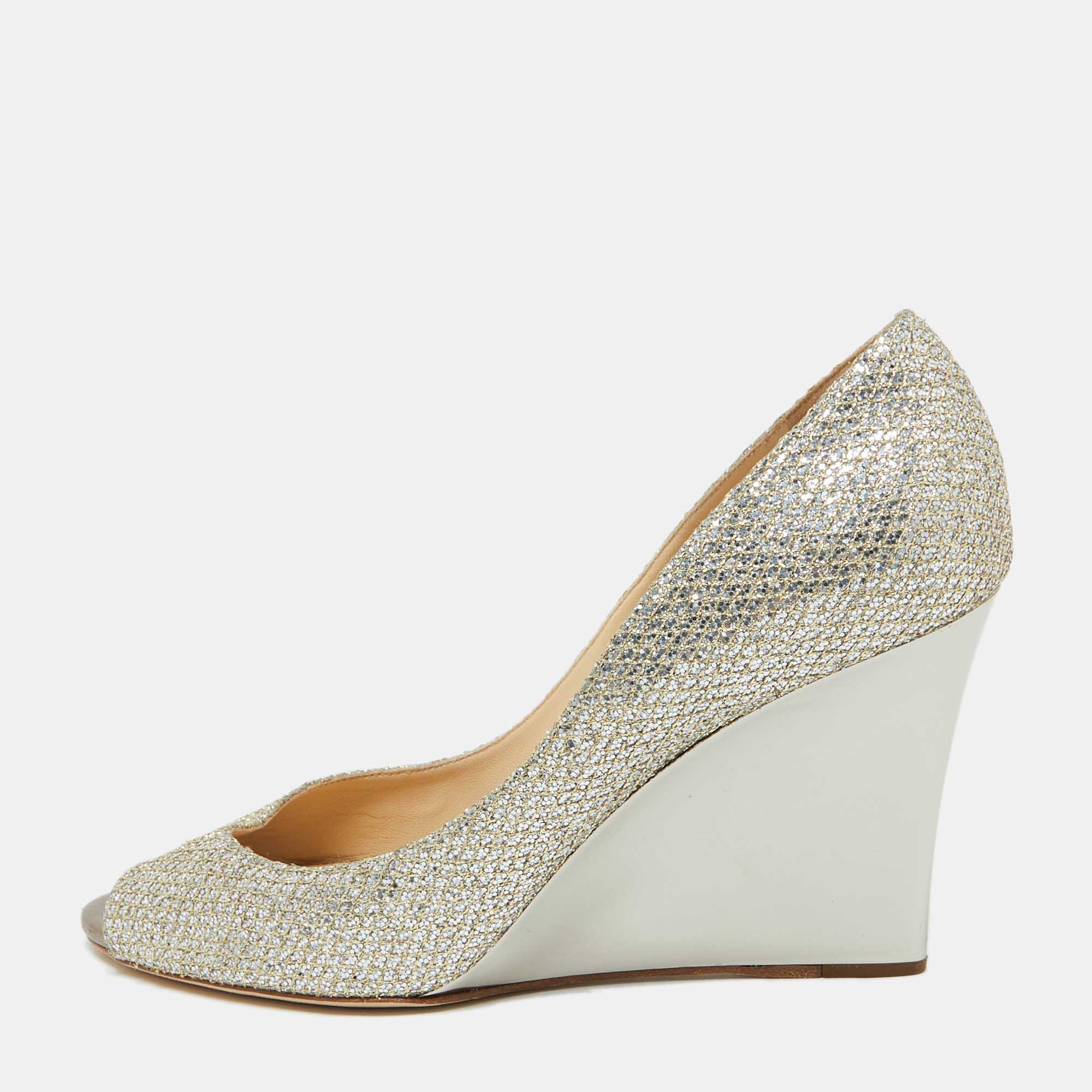 Jimmy Choo Gold Metallic Glitter Fabric Baxen Wedge Pumps Size 42