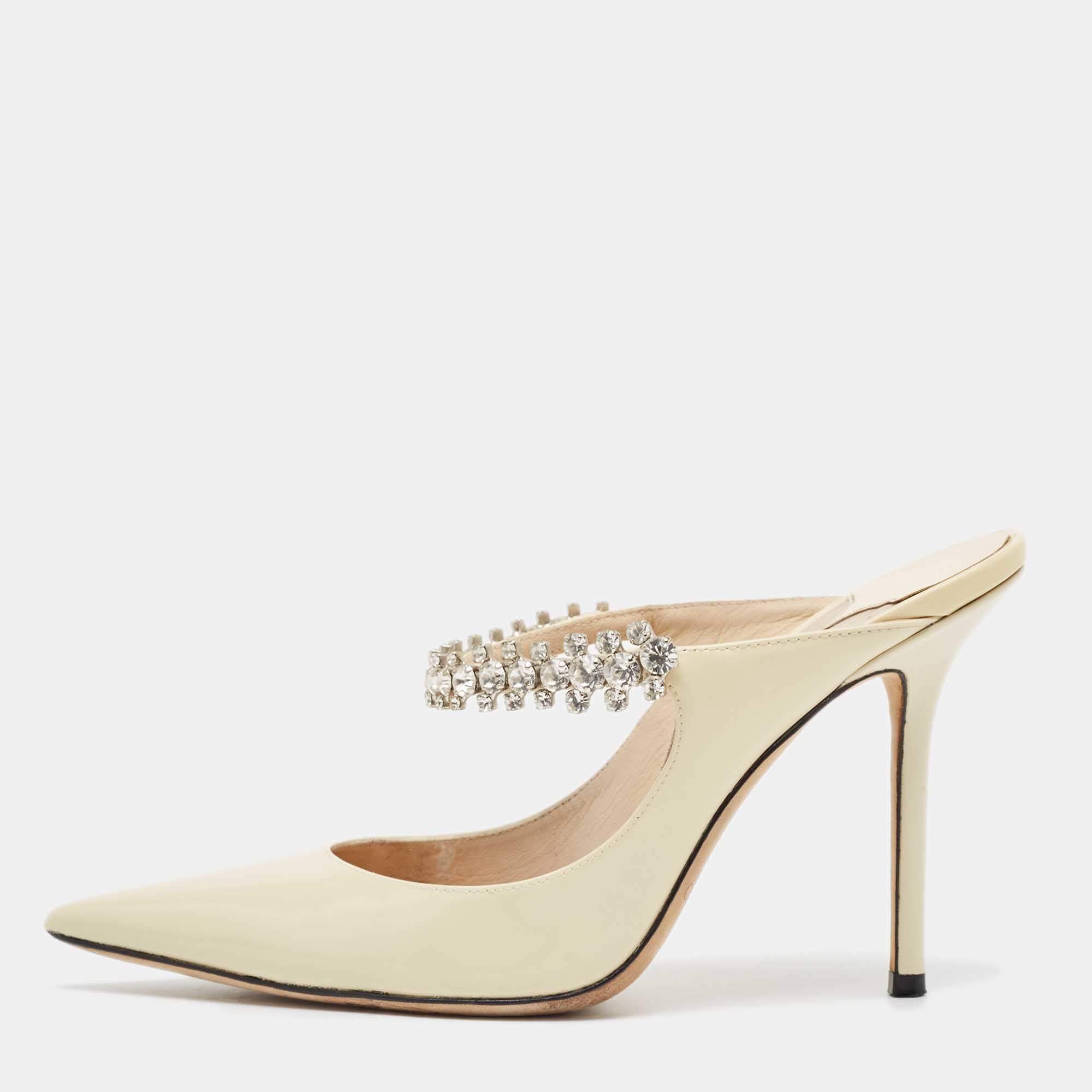 Jimmy Choo White Patent Leather Crystal Embellished Bing Pointed Toe Mules Size 37