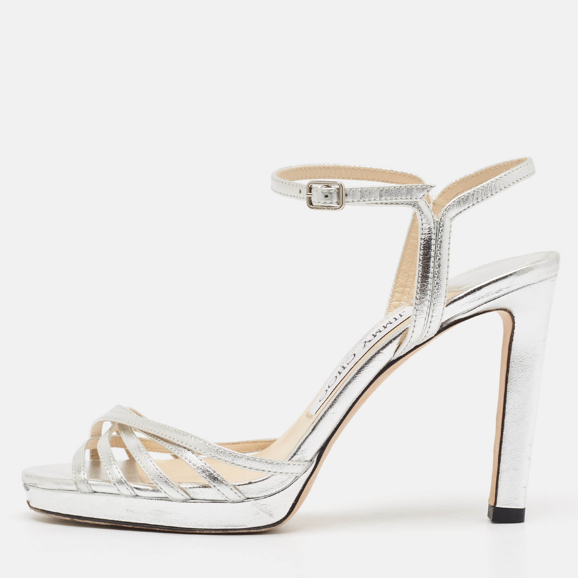 Jimmy Choo Silver Leather Lilah Ankle Strap Sandals Size 35.5