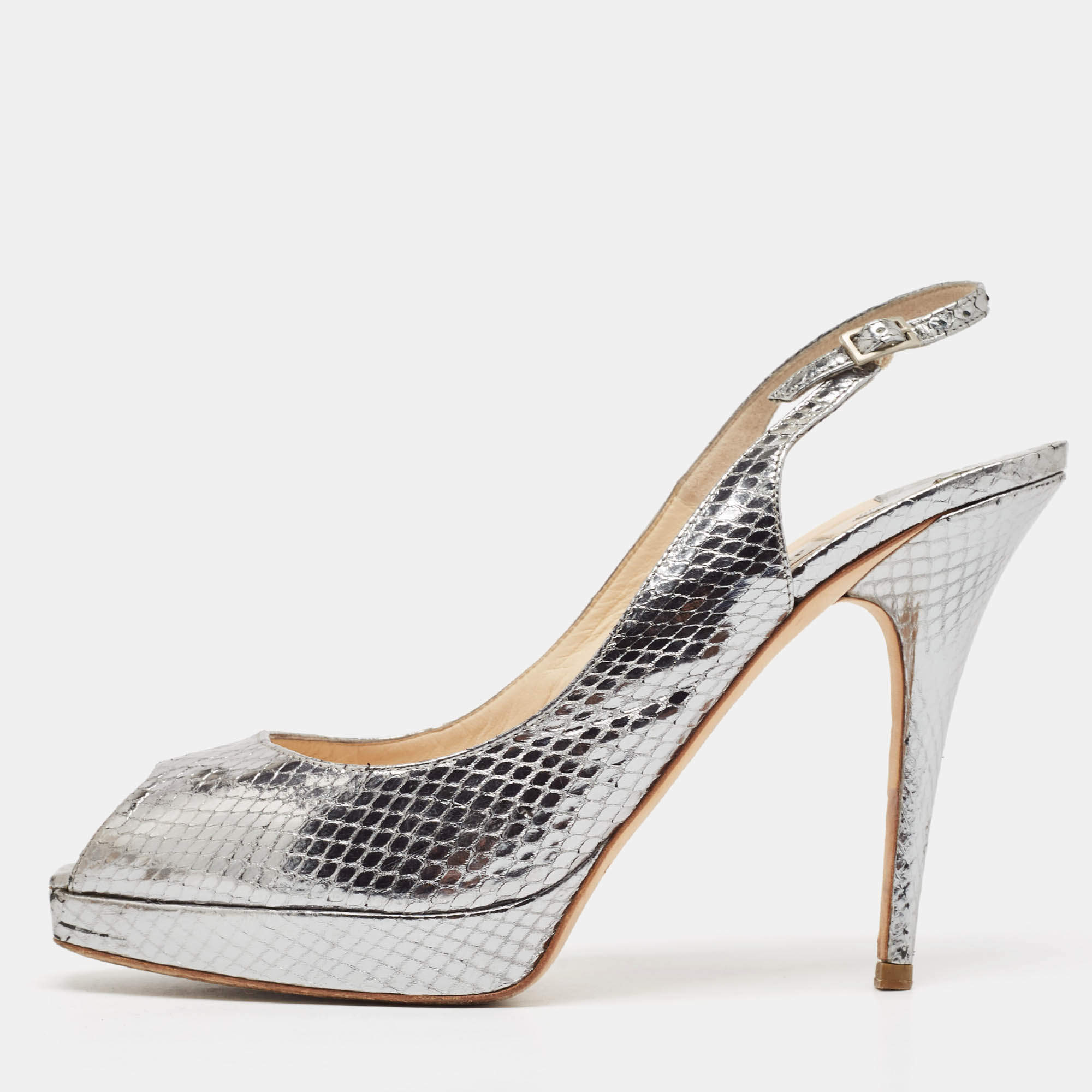 Jimmy Choo Metallic Snakeskin Embossed Leather Platform Slingback Sandals Size 42