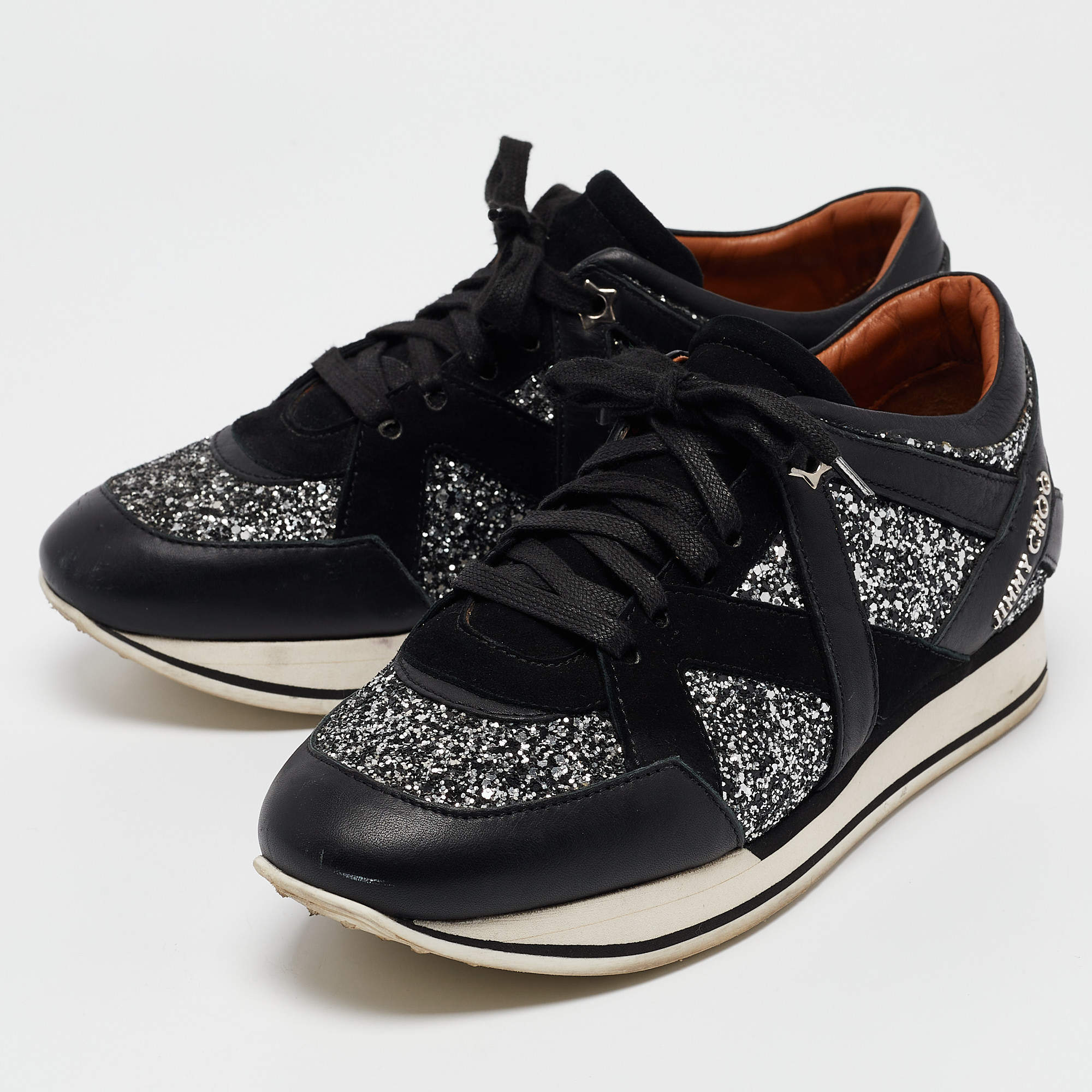 Jimmy Choo Black Glitter and Suede Low Top Sneakers 39 Jimmy