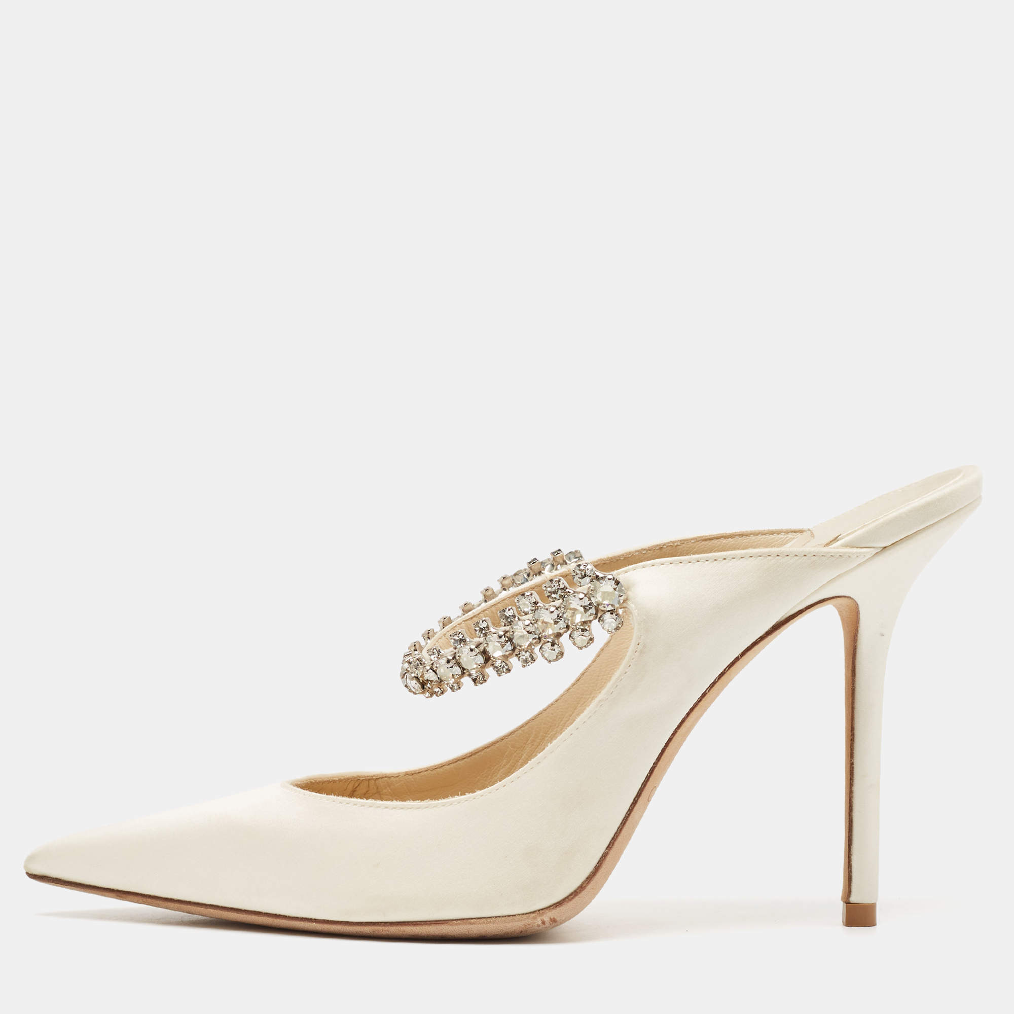 Pre Owned Jimmy Choo Off-White Satin Crystal Embellished Bing Mules Size 39
