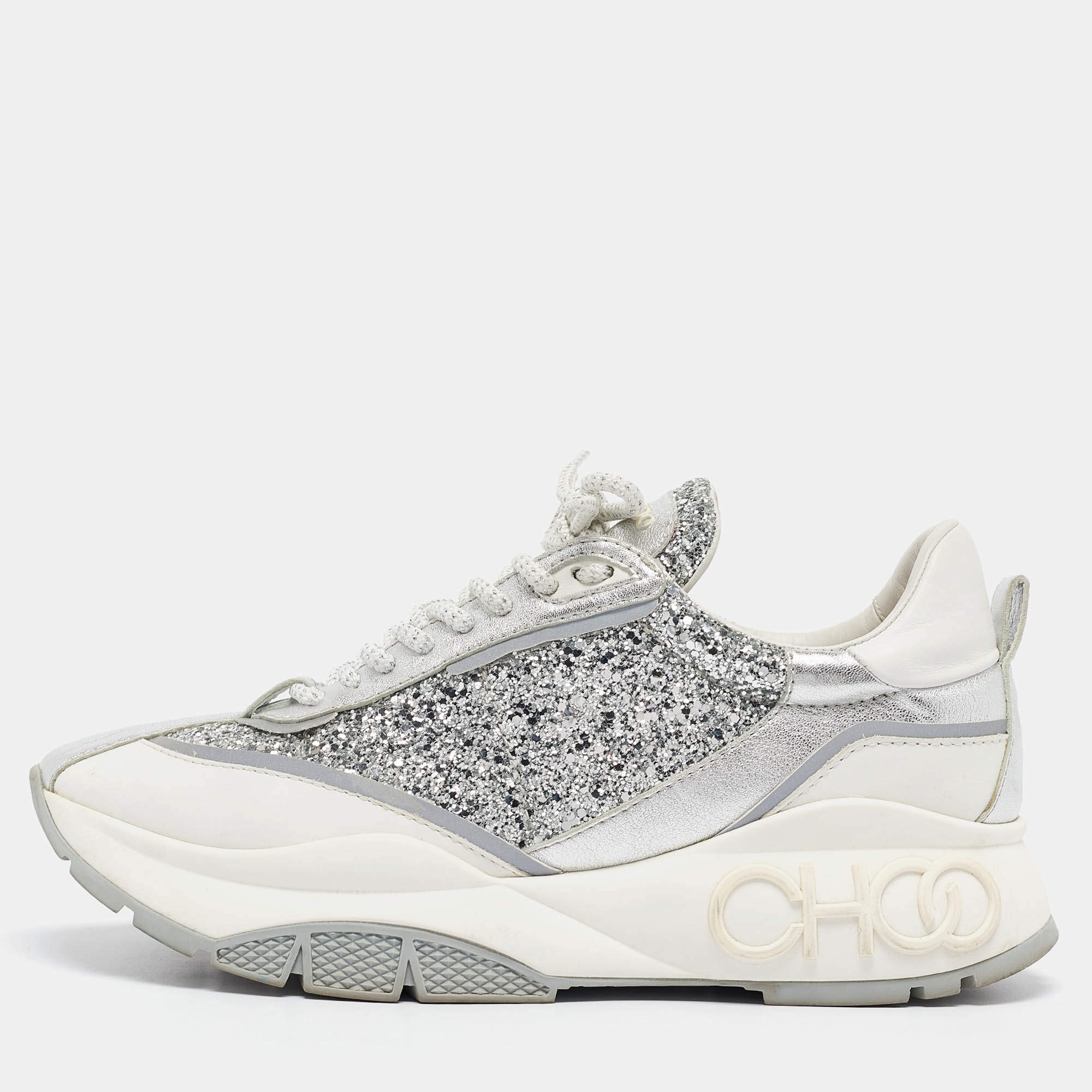 Pre Owned Jimmy Choo Silver/White Leather and Glitter Raine Lace Up Sneakers Size 41
