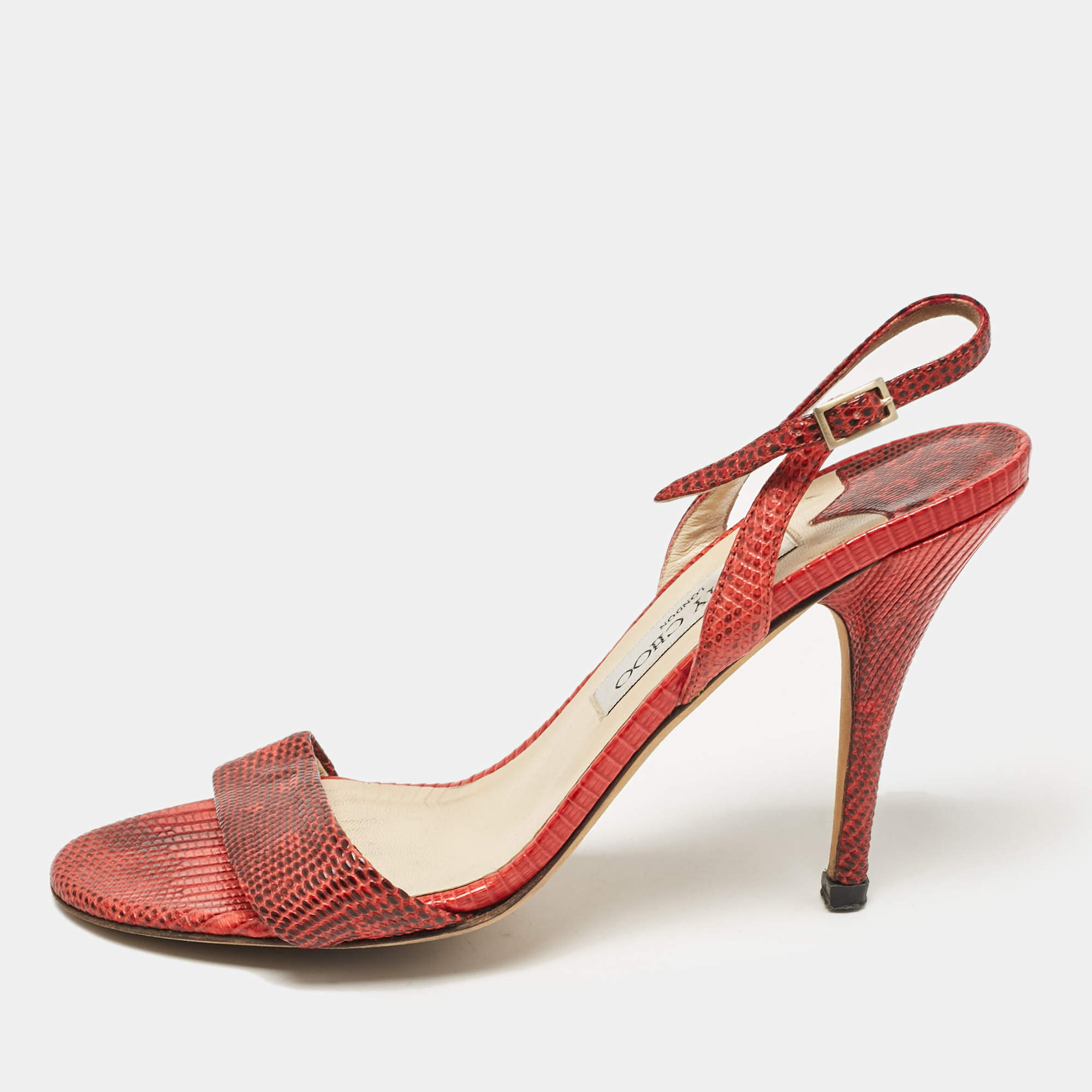 Jimmy Choo Red Embossed Lizard Slingback Sandals Size 39