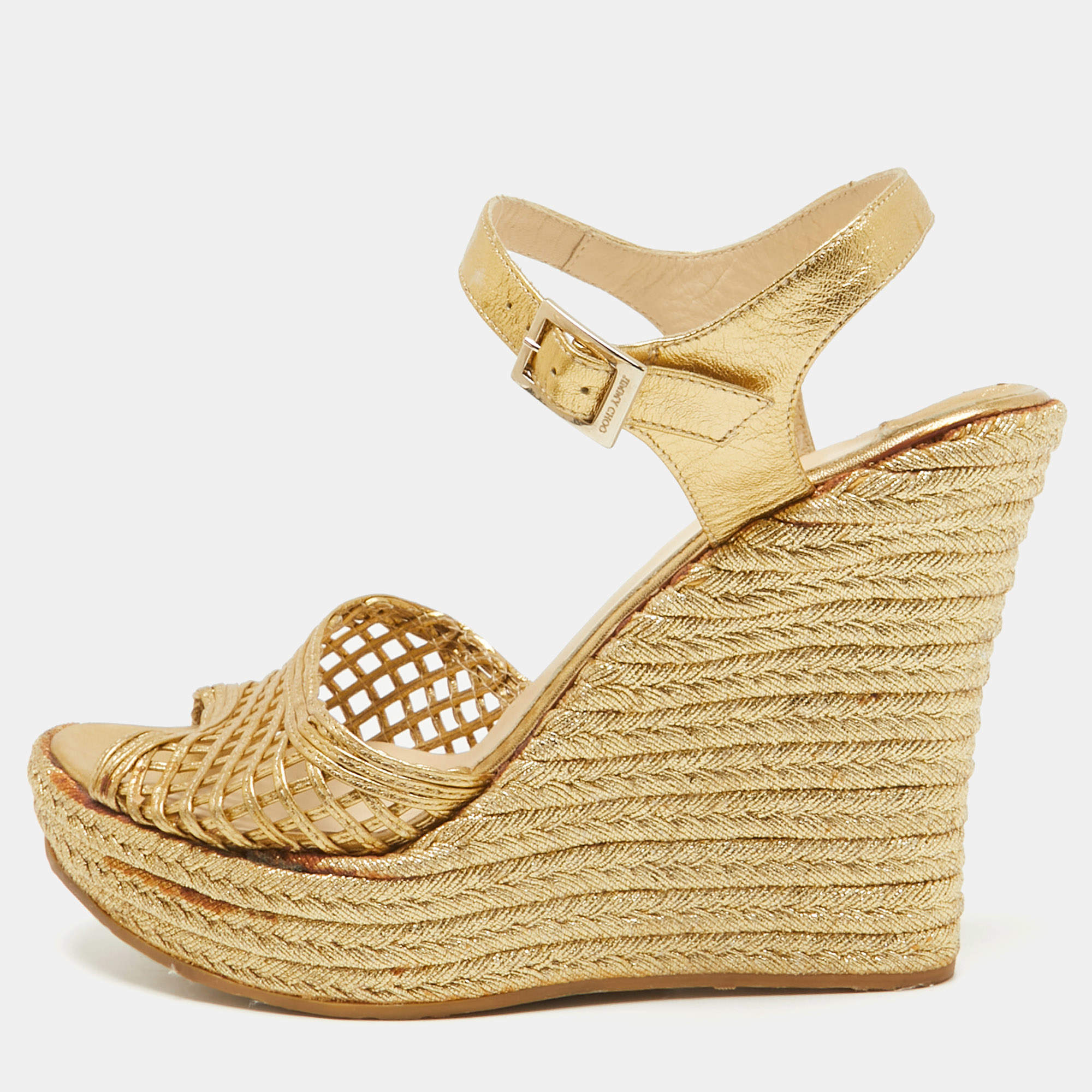 Jimmy Choo Gold Leather Platform Wedge Ankle Strap Sandals Size 39.5