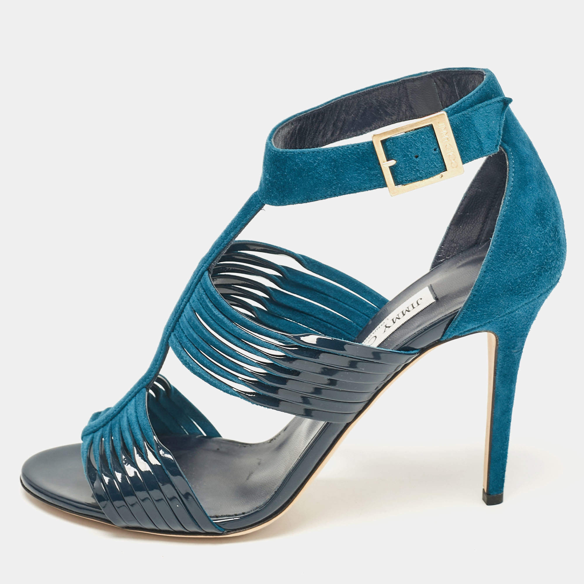 Jimmy Choo Blue Patent Leather and Suede Ankle Strap Sandals Size 41