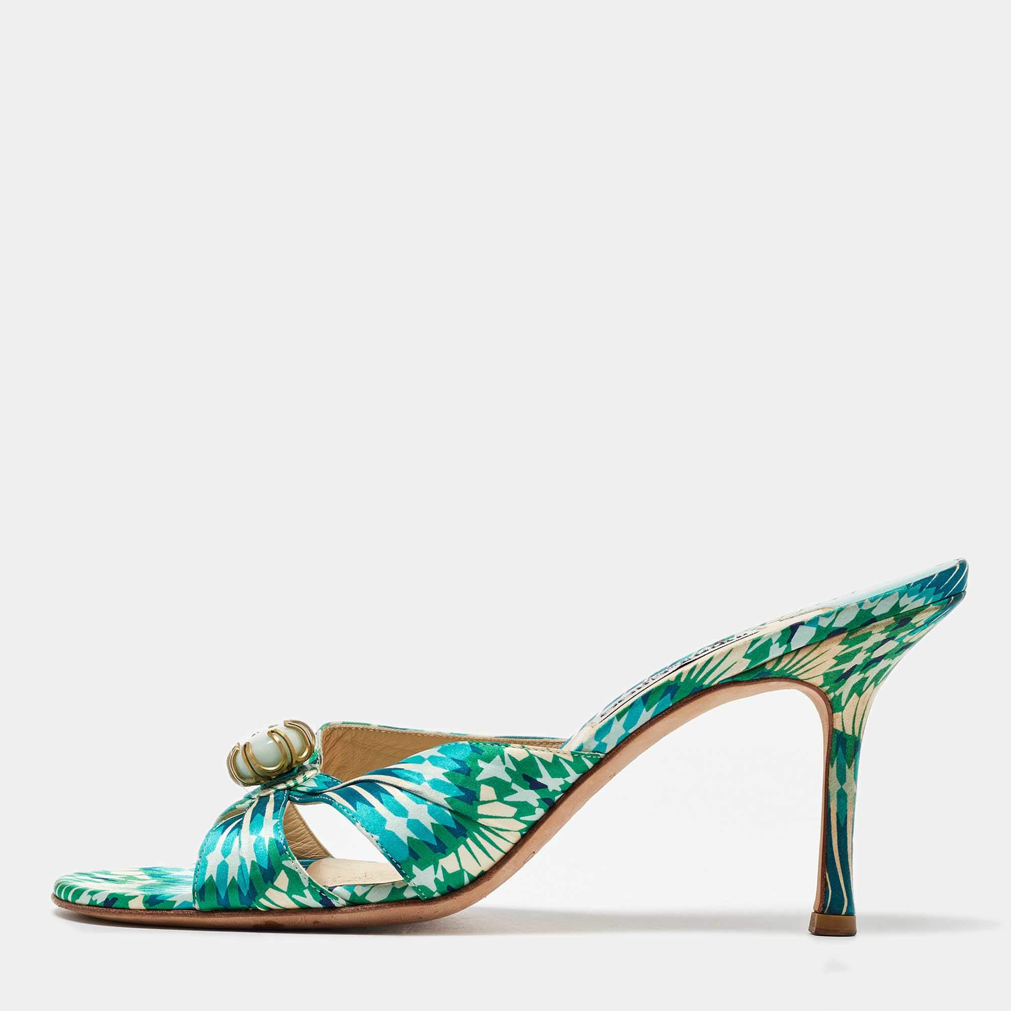 Pre Owned Jimmy Choo Blue/Green Satin Malachite Jewel Slide Sandals Size 41