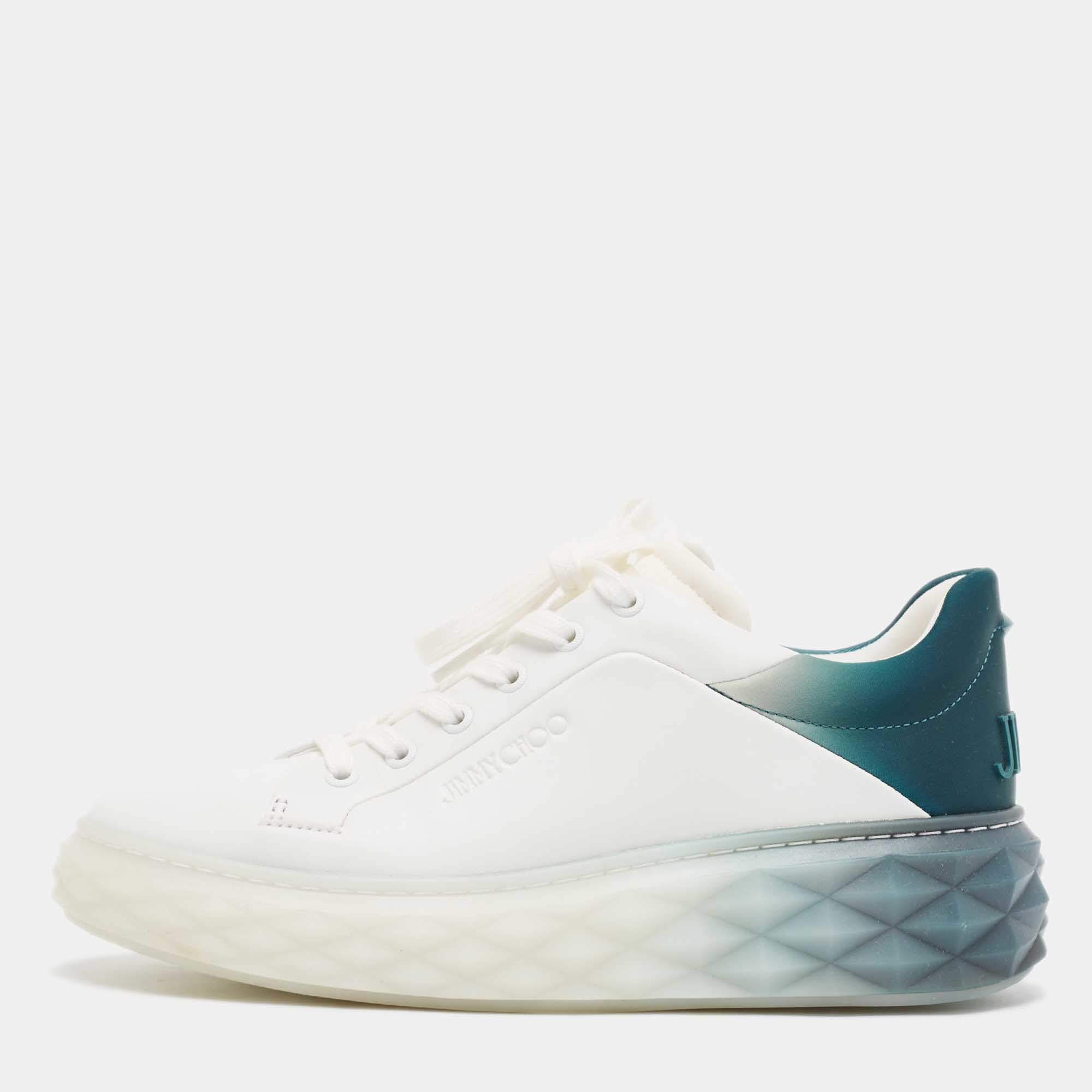 Pre Owned Jimmy Choo White/Green Leather and Fabric Diamond Sneakers Size 39.5