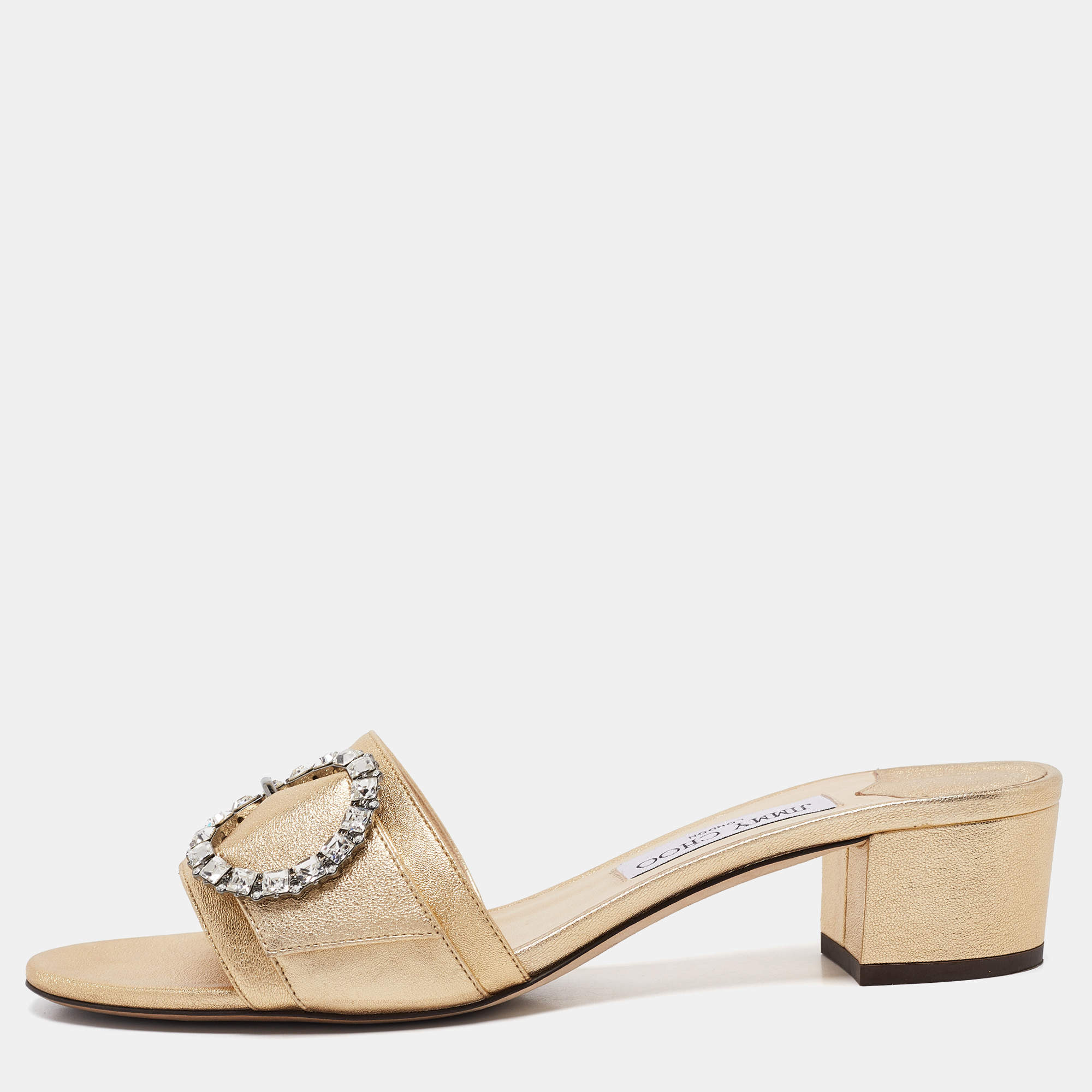مملوكة مسبقًا Jimmy Choo Gold Leather Crystal Embellished Minea Slide Sandals Size 40.5