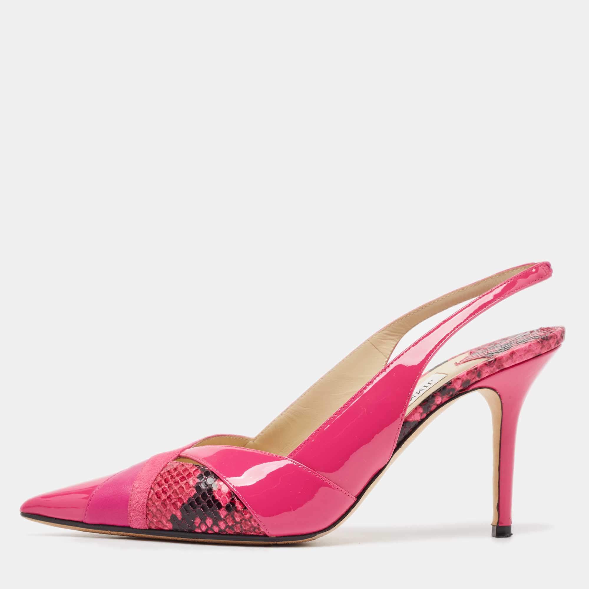 Pre Owned Jimmy Choo Pink Patent Leather and Suede Pointed Toe Slingback Pumps Size 38.5
