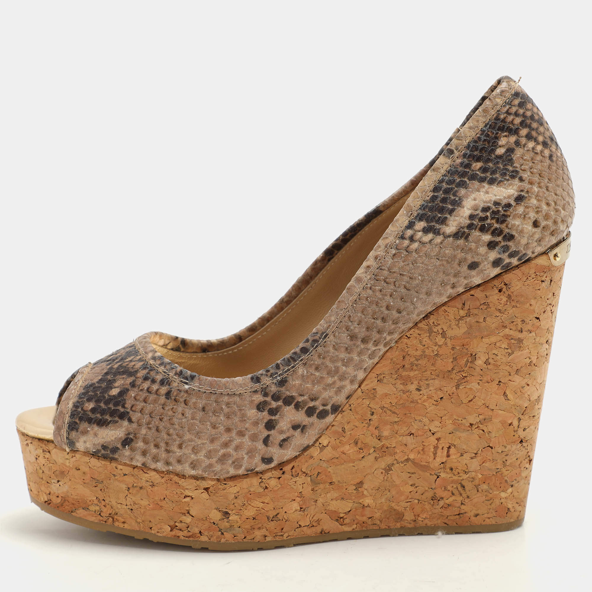 Pre Owned Jimmy Choo Beige/Brown Python Embossed Leather Papina Wedge Pumps Size 37.5