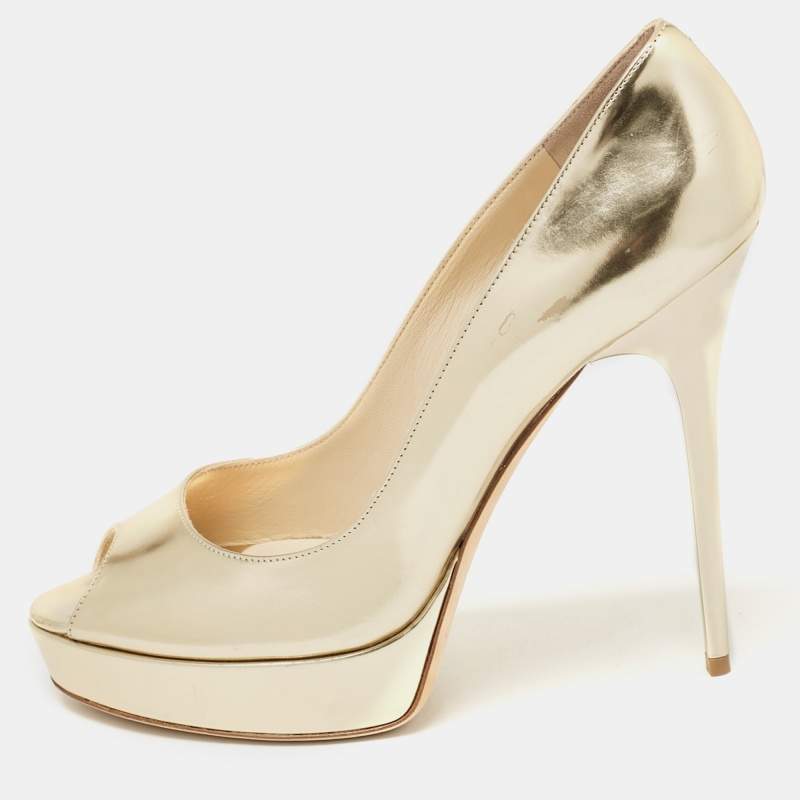 Pre Owned Jimmy Choo Gold Leather Crown Platform Pumps Size 40
