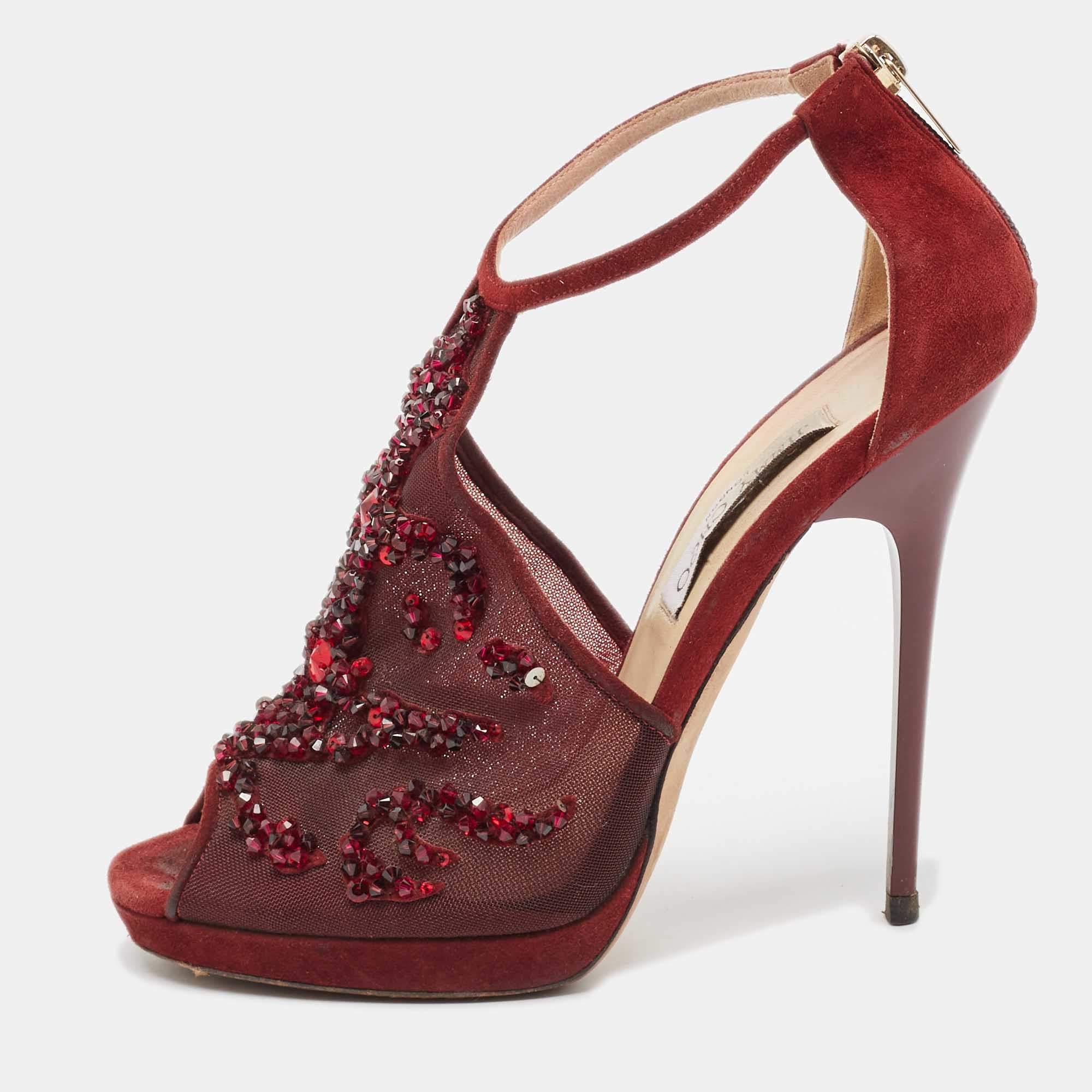Jimmy Choo Burgundy Mesh and Suede Embellished Ankle Strap Sandals Size 38.5